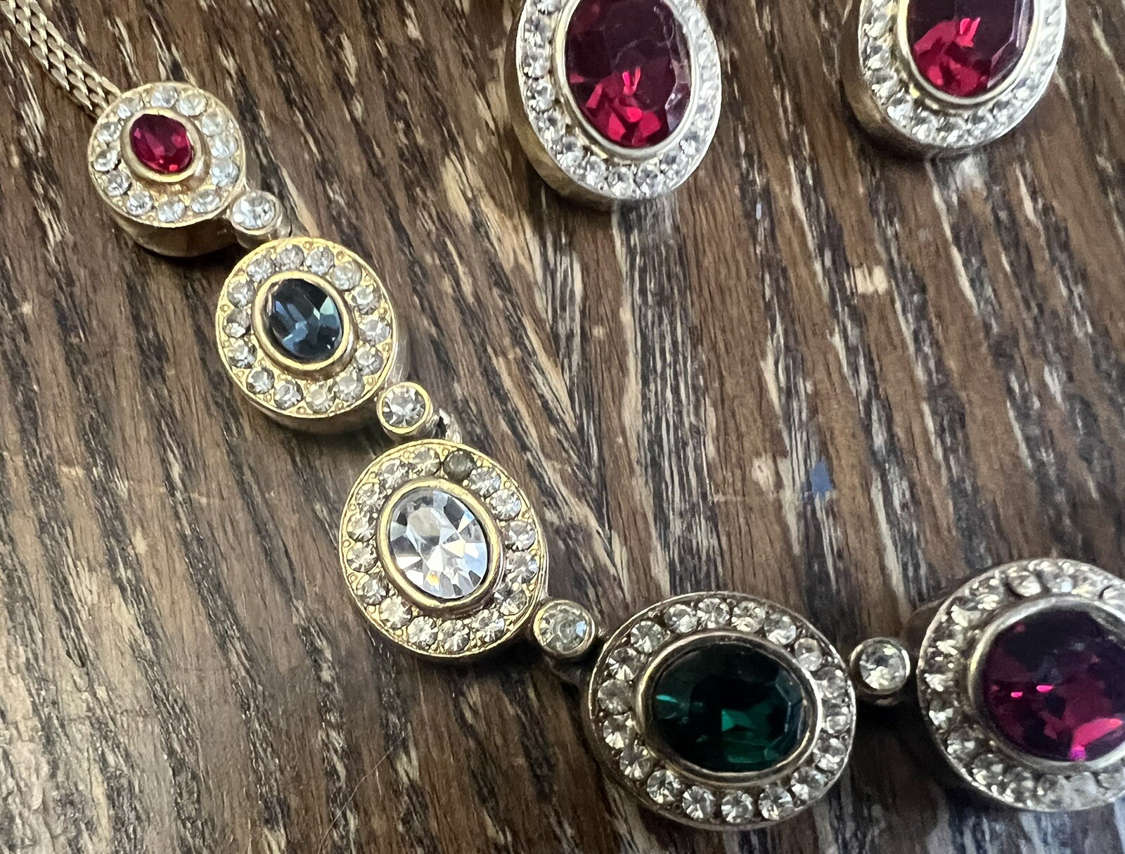 Gold Plated Red Green & Blue Crystal Necklace & Clip On Earring Set