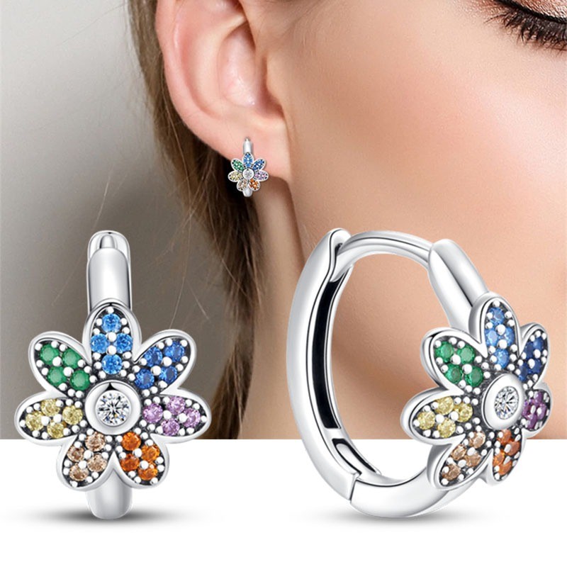 PANDACH Sterling Silver Tiny Colorful CZ Sunflower Hoop Earrings For Women Girls