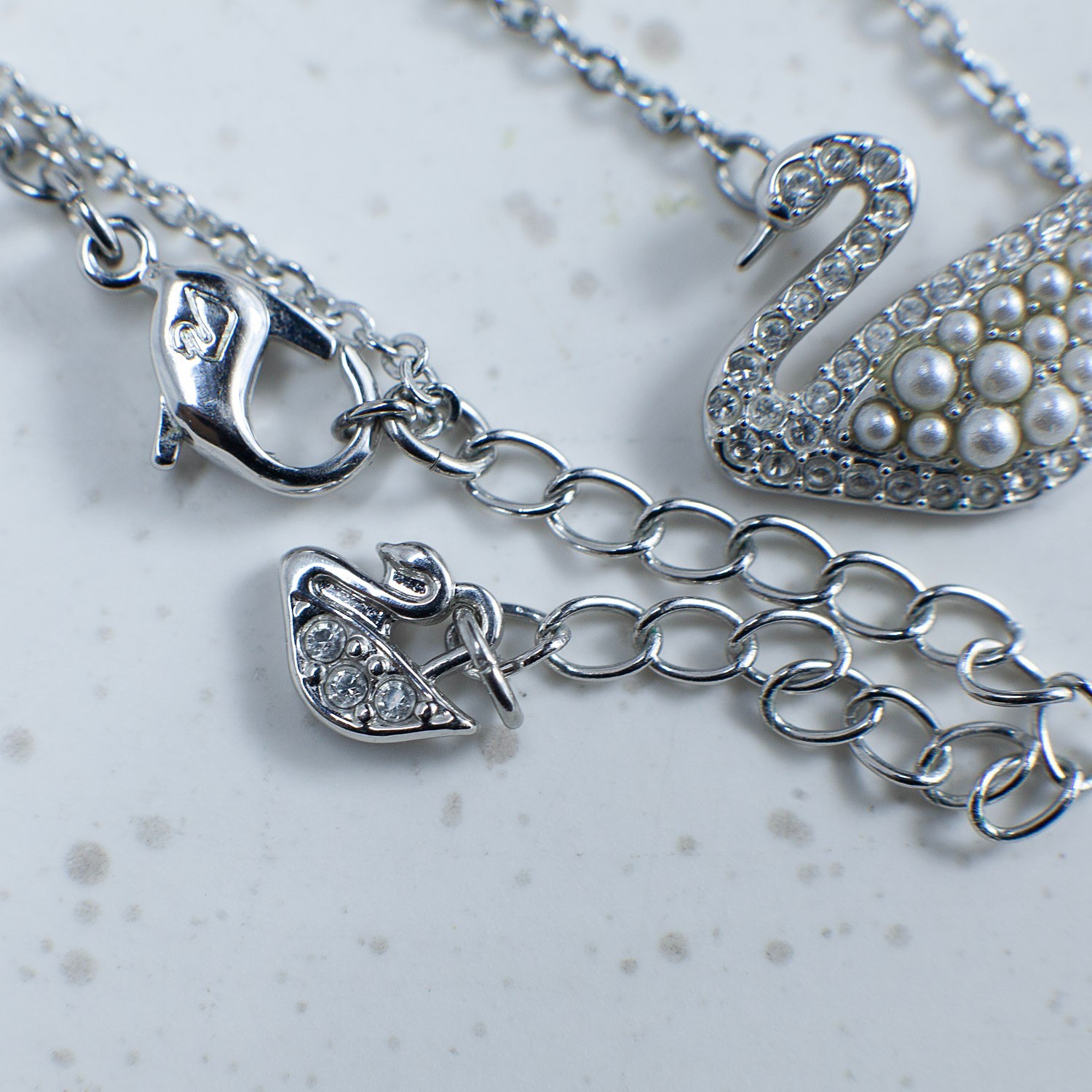 Swarovski Swan Necklace Crystal Pearl Silver Tone Chain 15” + Extender