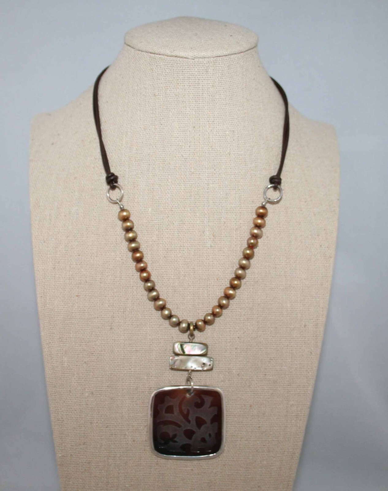 Silpada Silver Etched Black Pen Shell & Bronze Pearl Pendant Necklace N1803