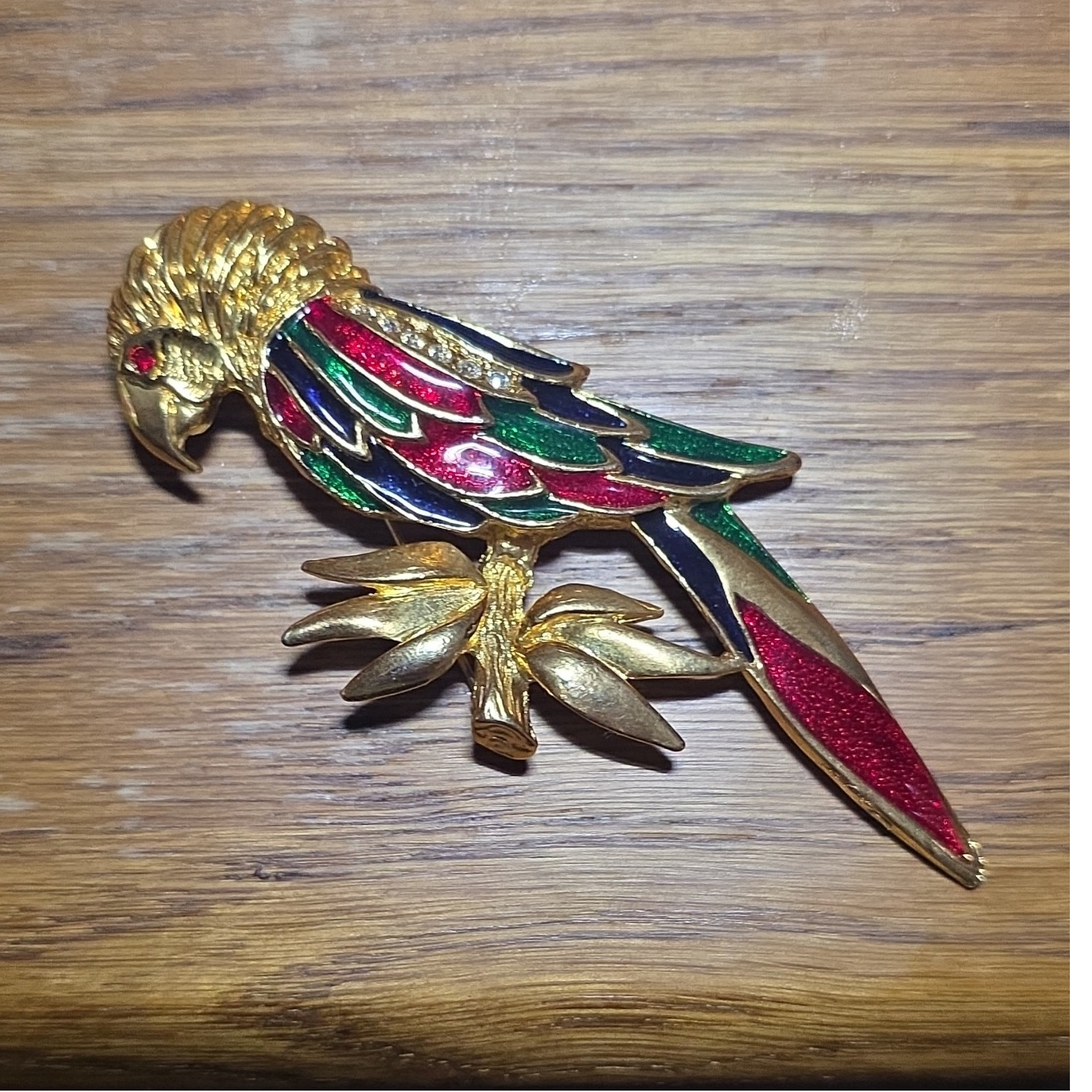 Gold Tone Enamel Parrot Bird Brooch Pin Red Green Blue Clear Crystal Eye