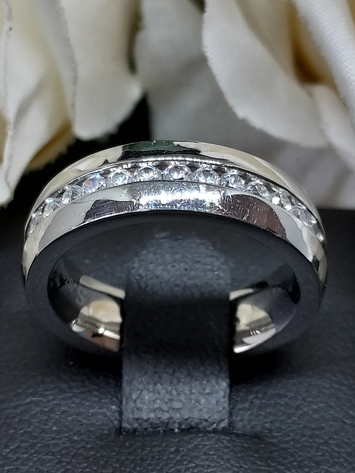 A Stunning S.Steel 5.5mm Wide Band With Channel Set Cubic Zirconia Uk Size L