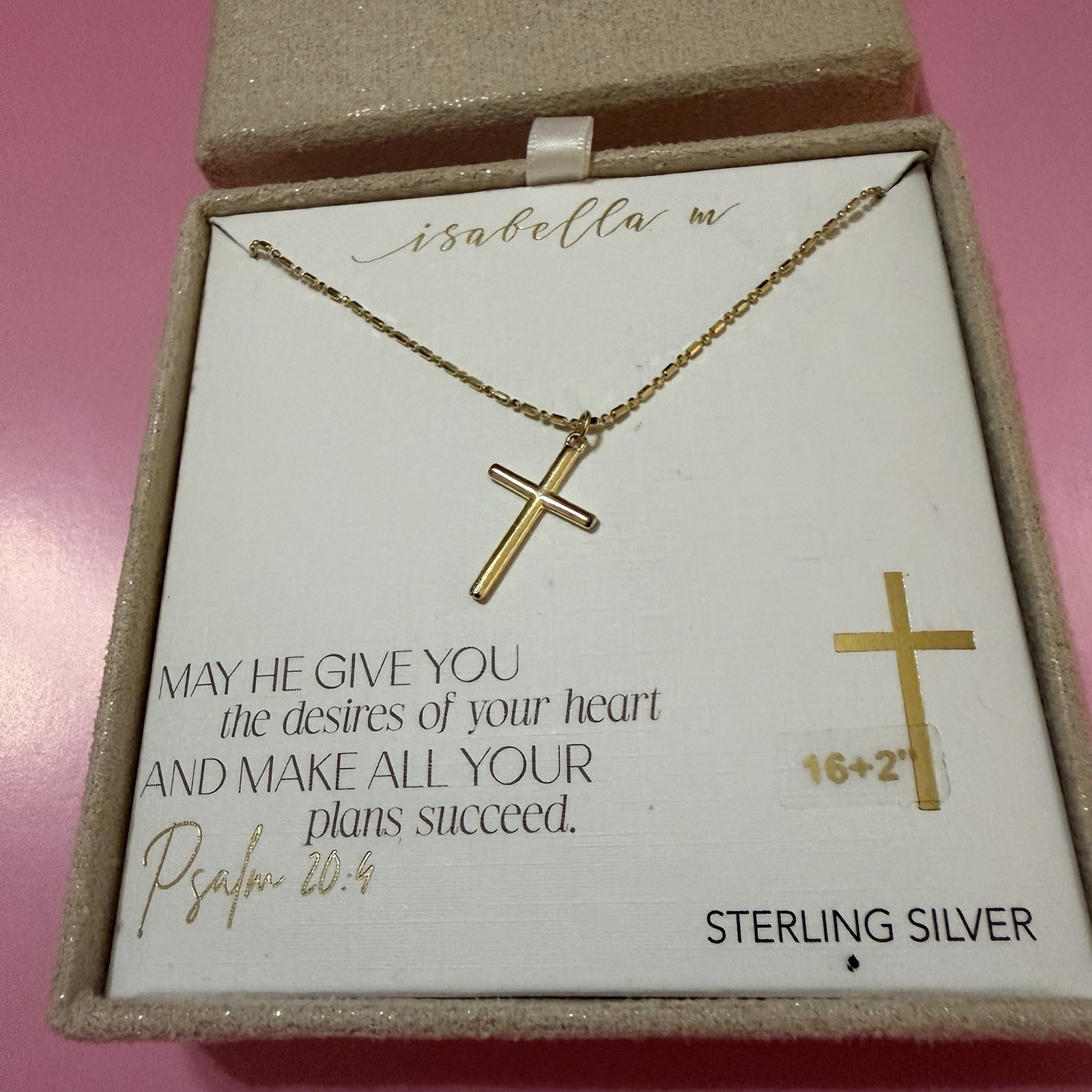 Isabella M Necklace With Pendant Croos 16+2” Color Gold New Sterling Silver