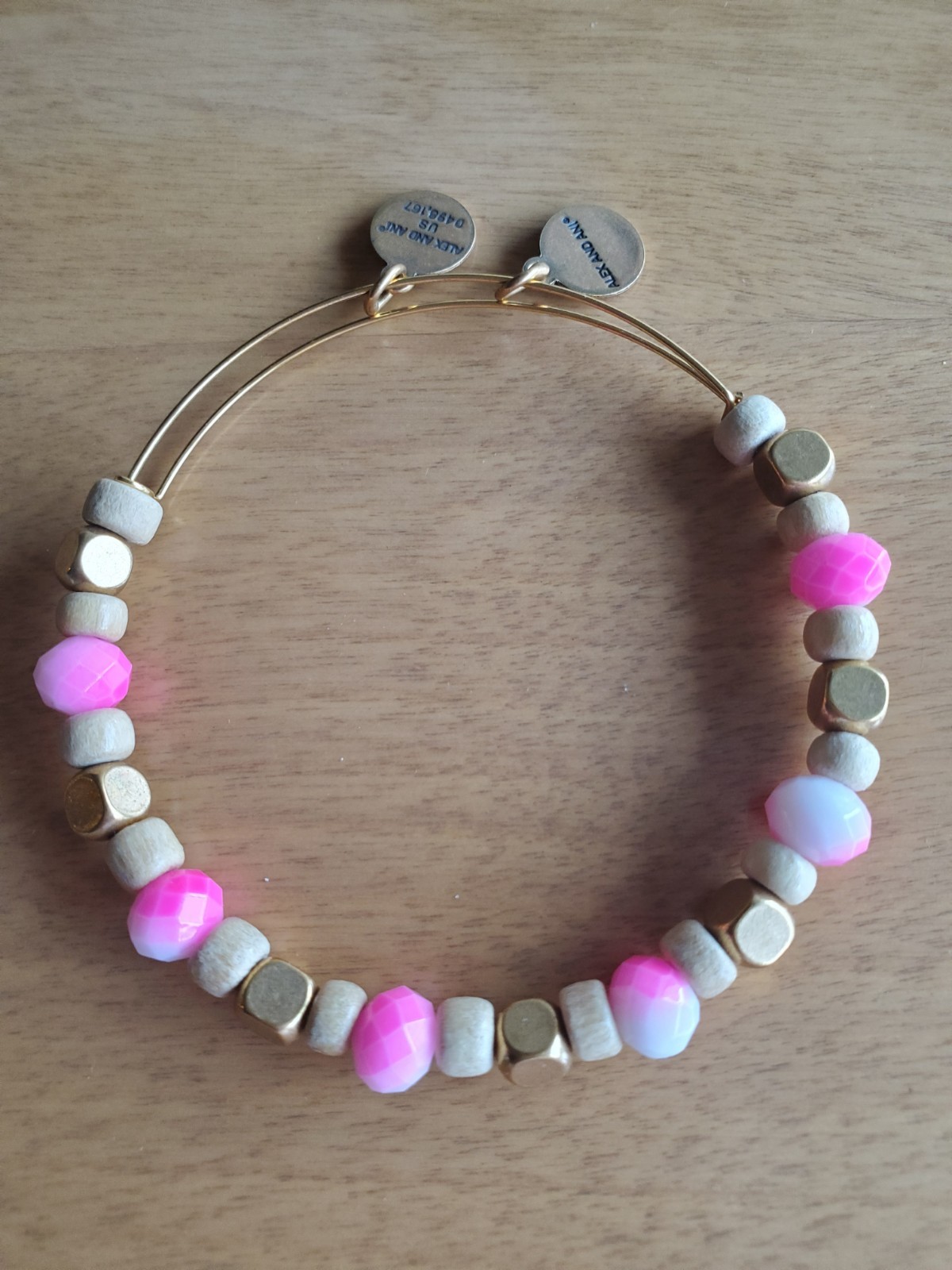 Gently Used Alex & Ani Pink , Gold, Wood Beaded Goldtone Bracelet