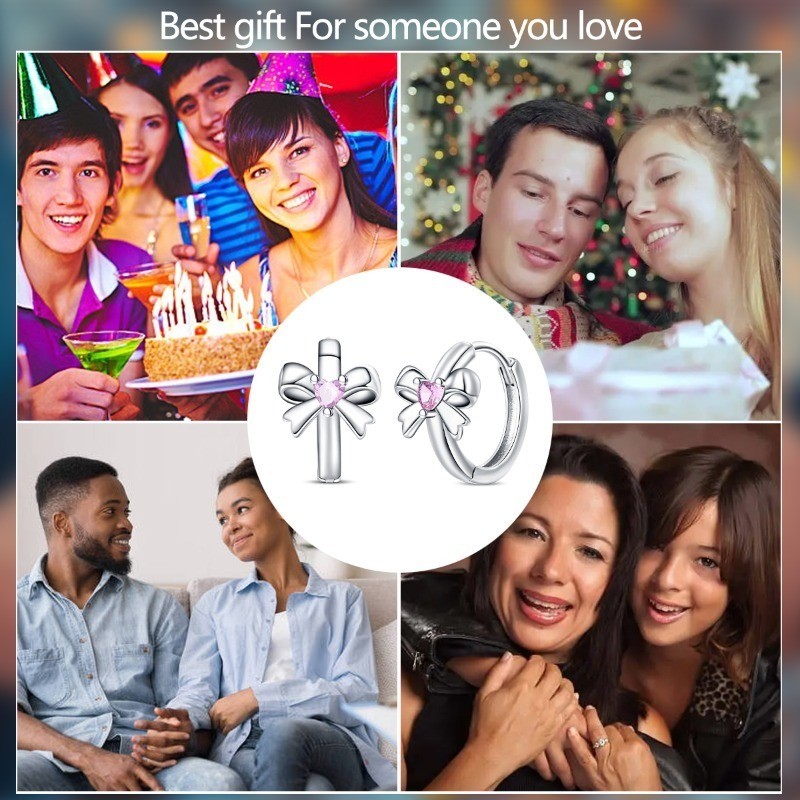 PANDACH Women Sterling Silver Girl CZ Bow Tie Huggie Hoop Earrings Birthday Gift