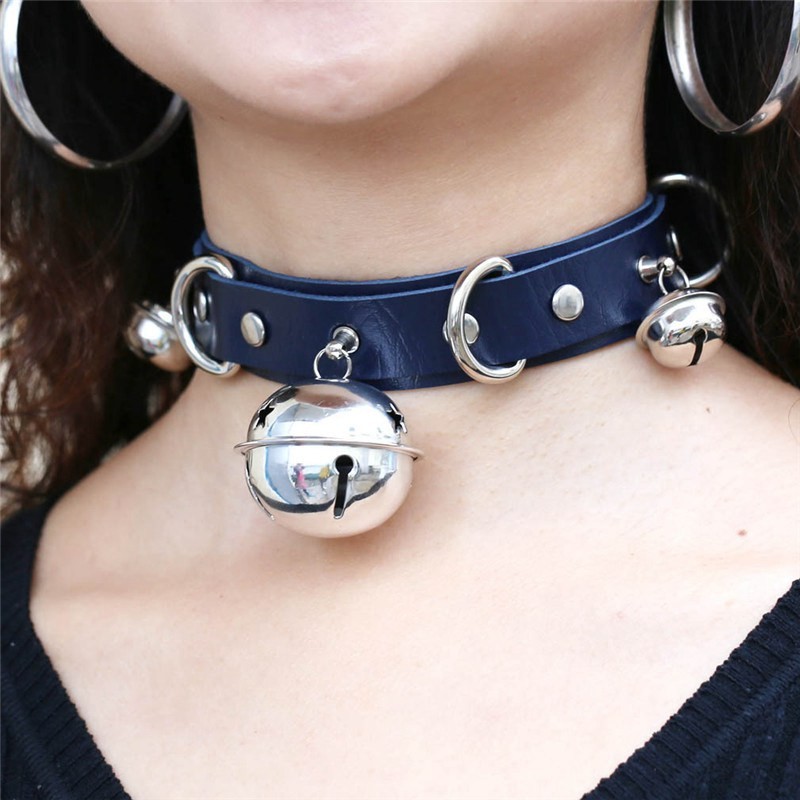 Womens Necklace Bondage Punk Gothic Choker Bell Collar Chain PU Leather