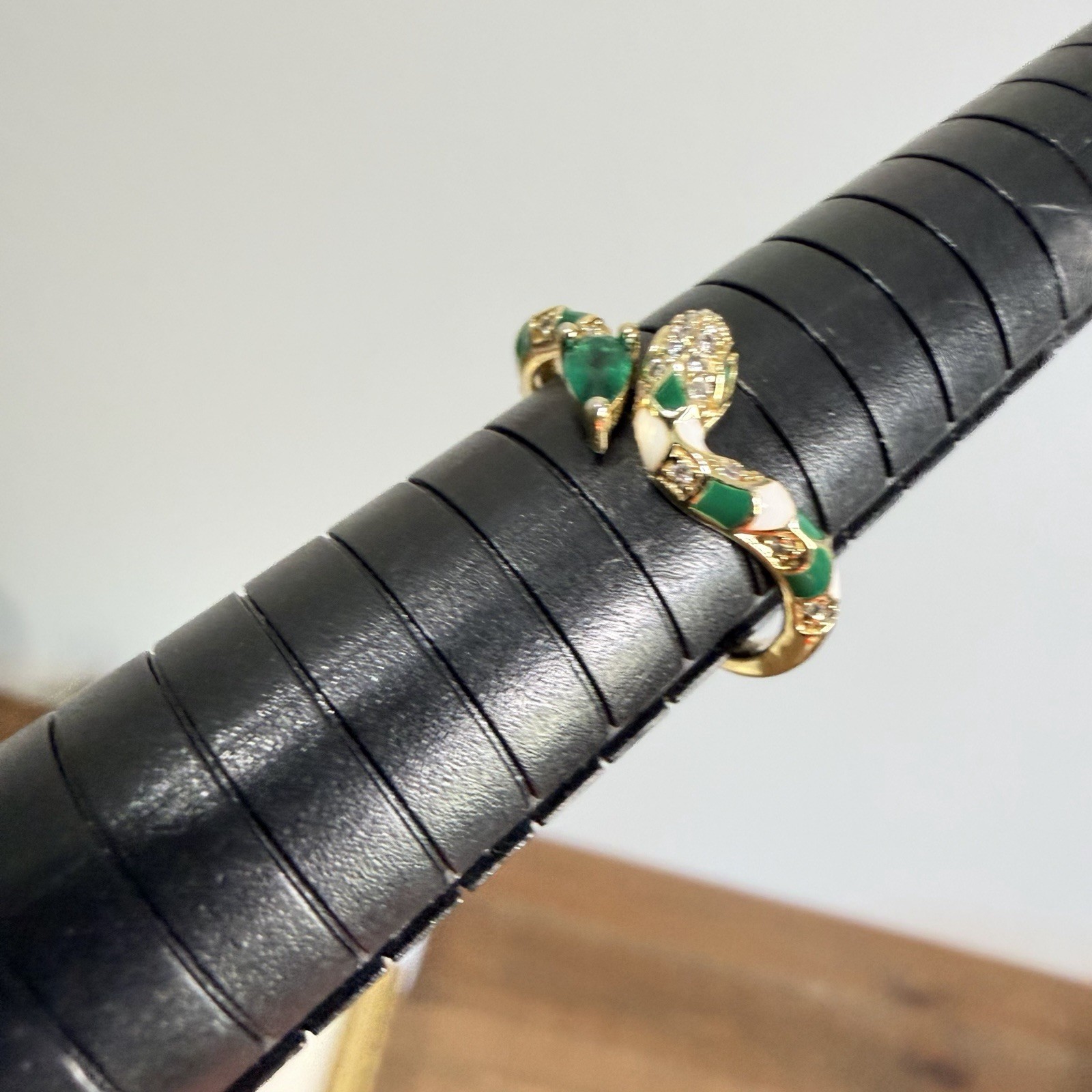 Green & Cubic Z Coiled Snake Serpent Open Bypass Cuff Ring Sz 7 Adjustable