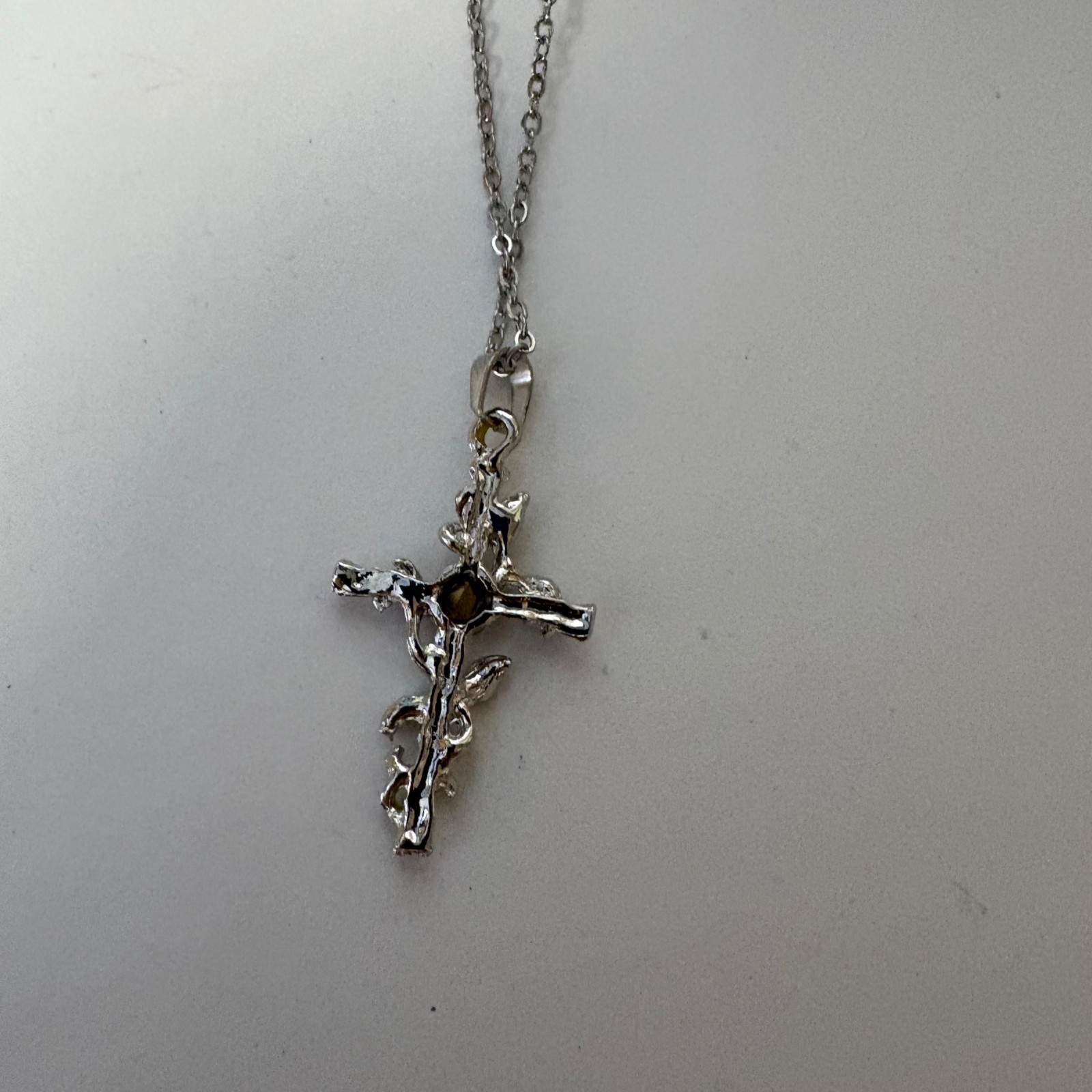 Gold and Silver Tone Leaf Cross Pendant Necklace Pink Crystal Accent NEW