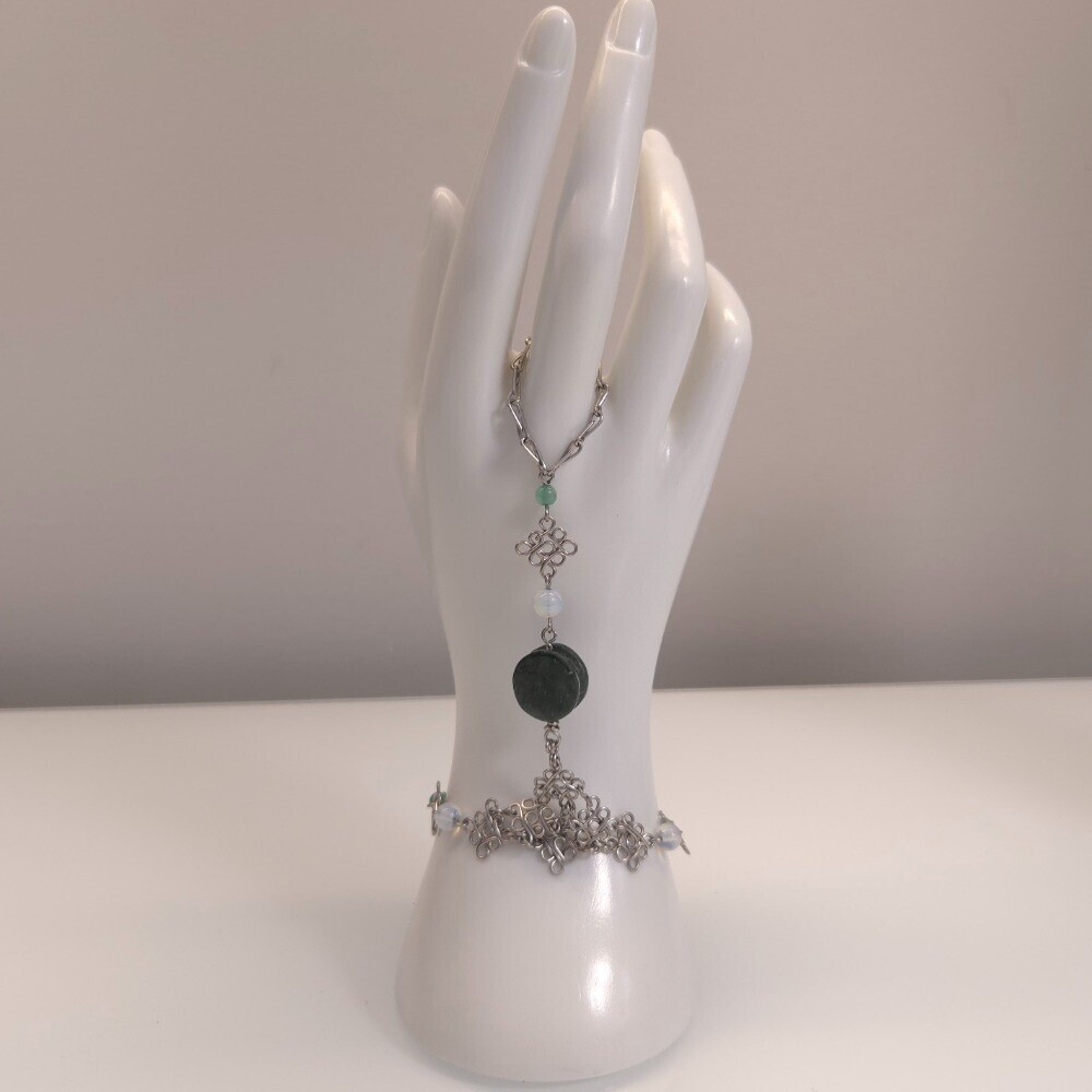 Handmade Chainmail Slave Bracelet Green Agate Moon Stones Unique Boho Festival