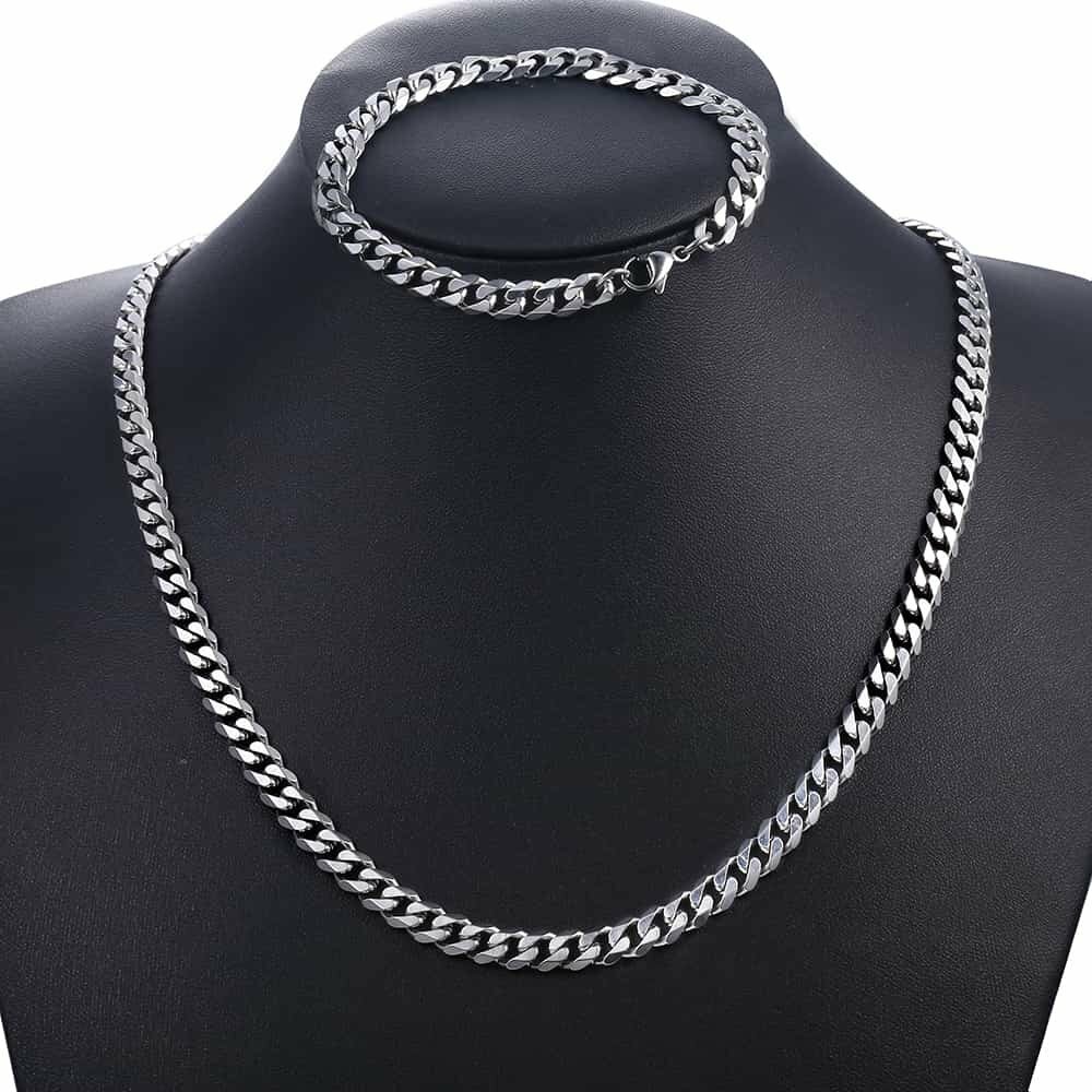 5mm Stainless Steel Bracelet & Necklace Jewelry Set Cuban Curb Chain