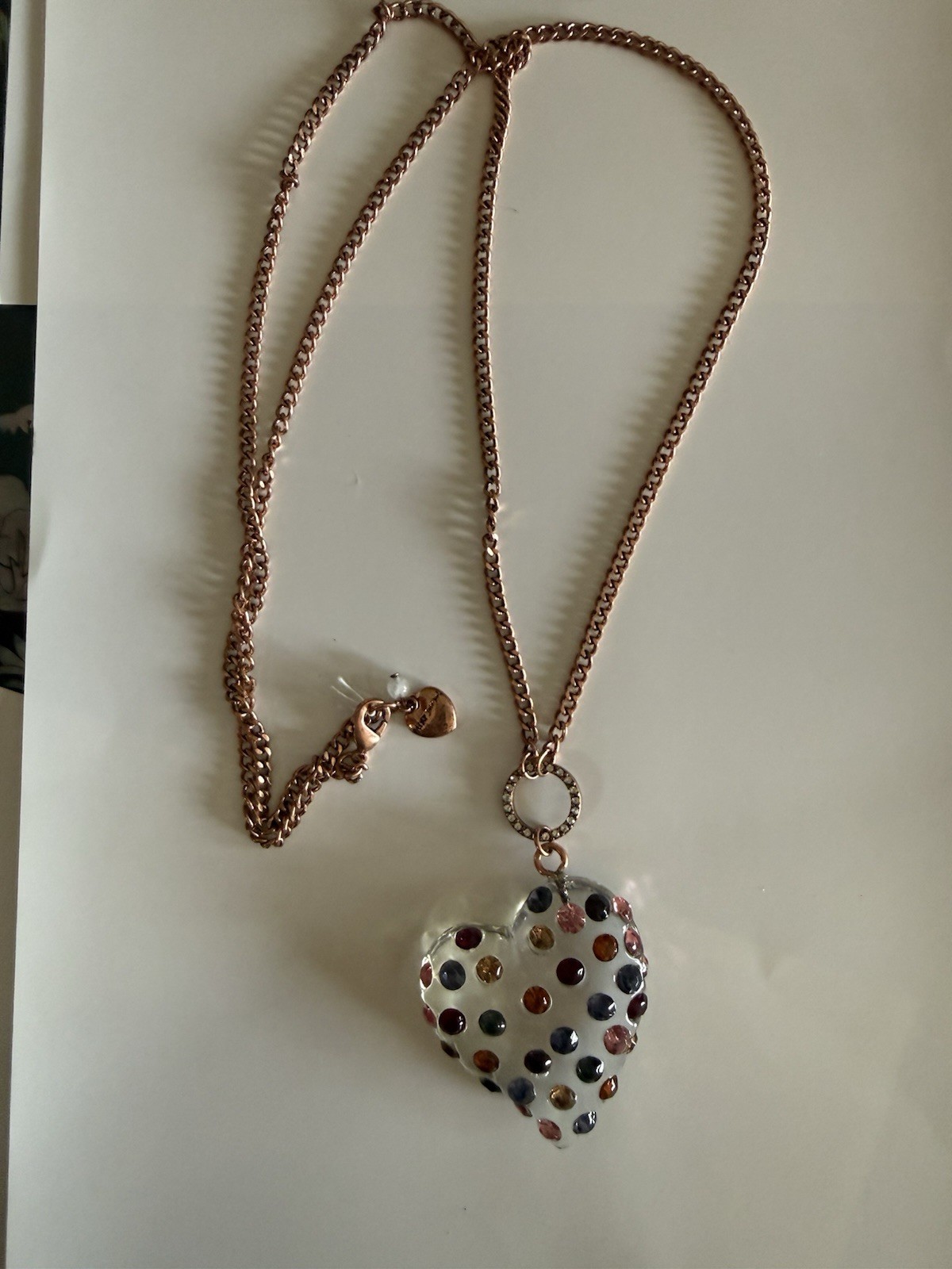 Rose Gold Plated Heart Charm Necklace w/ Multicolor Pavé Crystals, Betsy Johnson