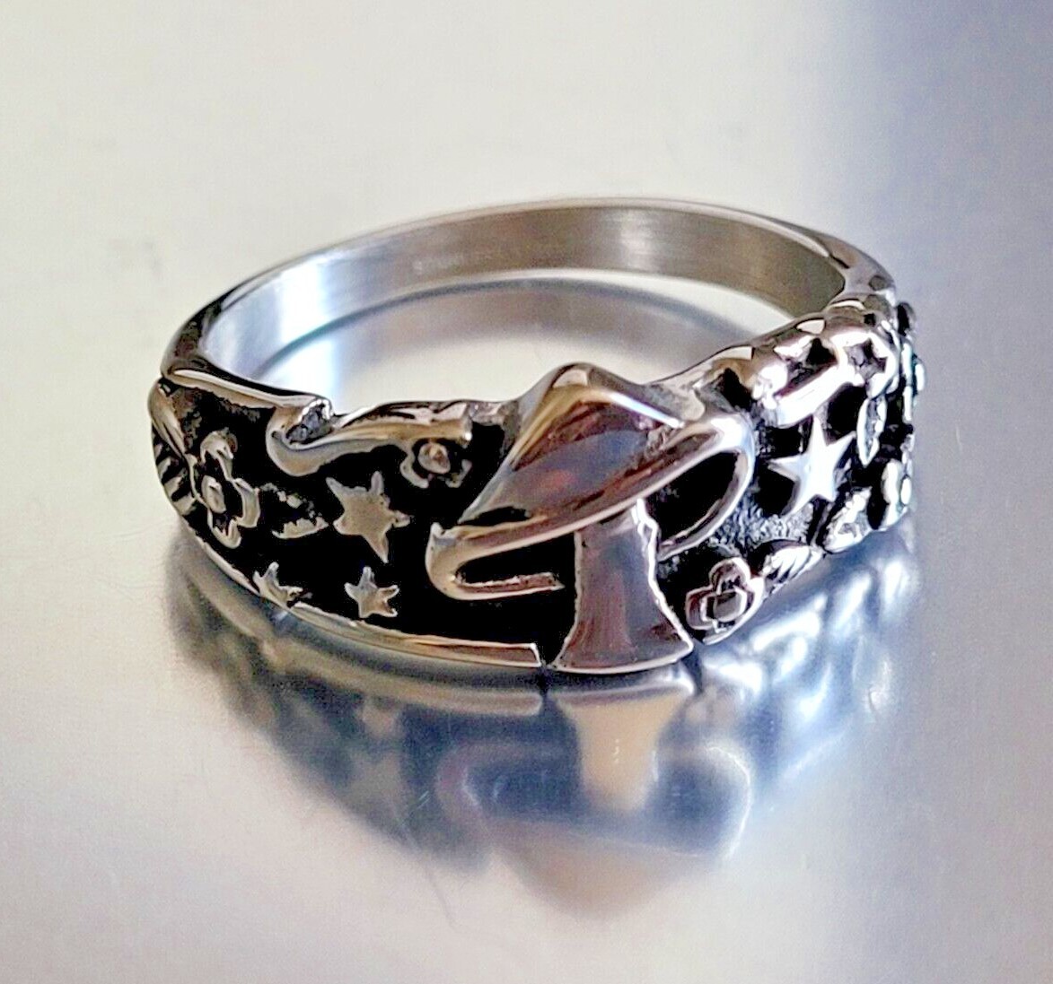 Stainless Steel Celestial Mushroom Ring Silver Finish Mushroom & Star Band Ring