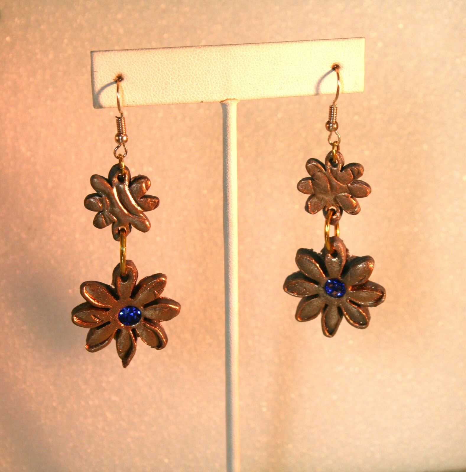 Gold tone golden & gray daisy, blue crystal polymer clay dangle earrings 2 1/2″