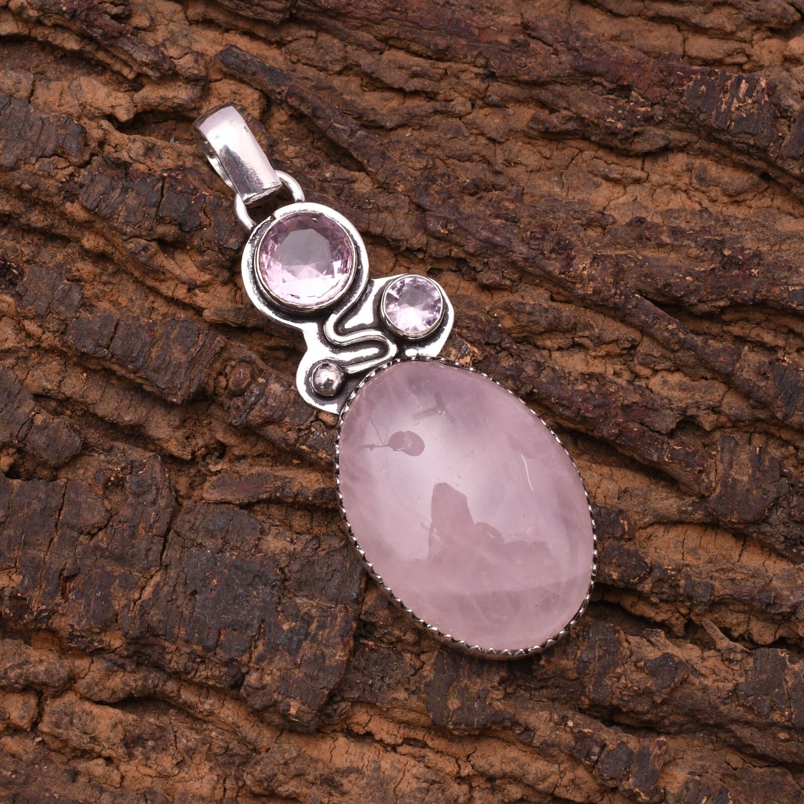 Rose Quartz Gemstone 925 Sterling Silver Handmade Jewelry Pendant 2.15″