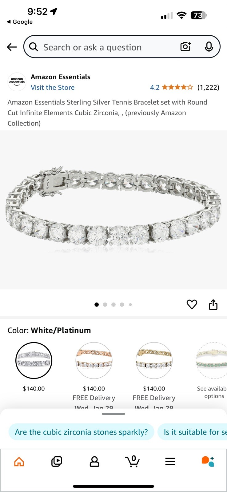 Platinum Plated Sterling Silver Swarovski Zirconia Tennis Bracelet 8 Inch 6mm