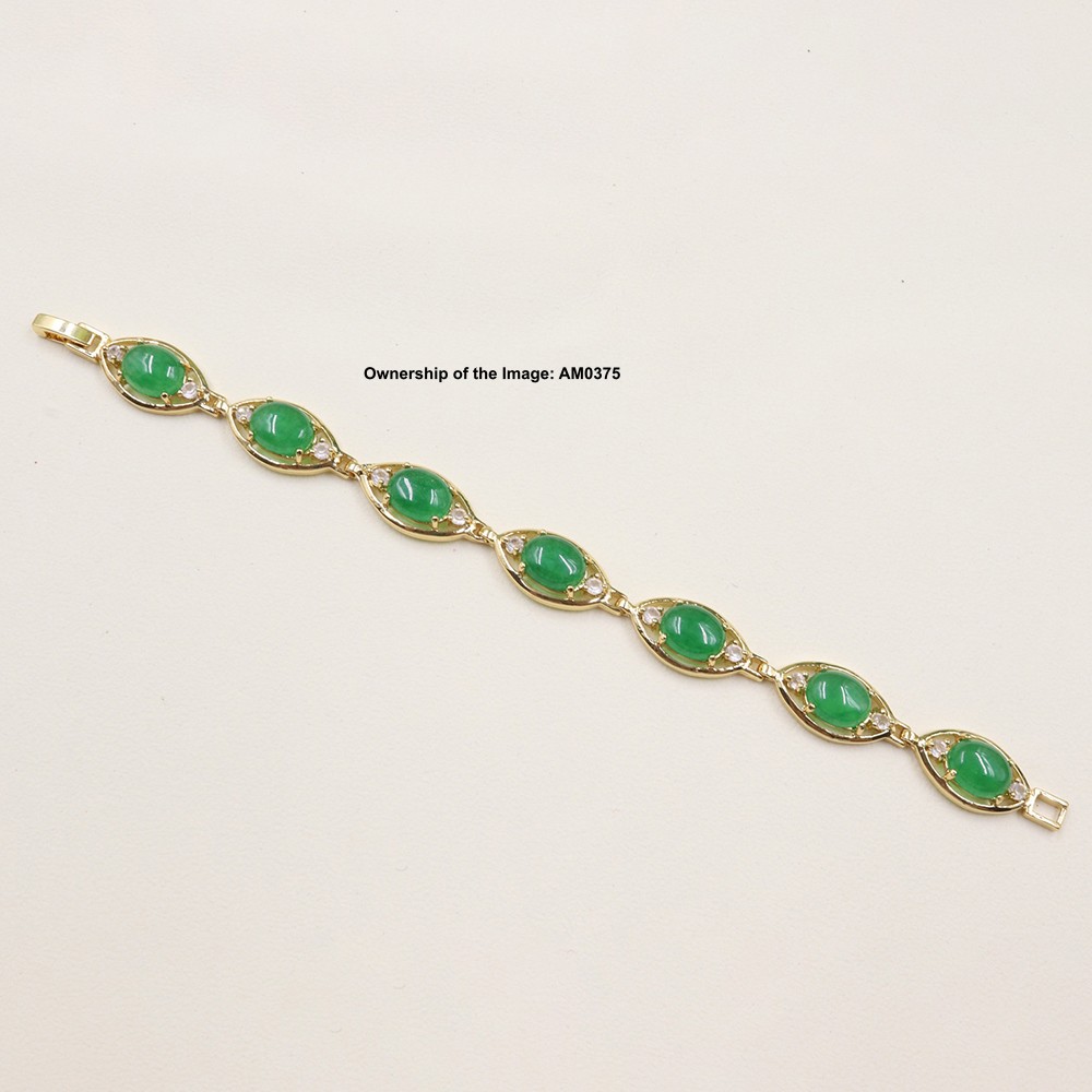 18K Gold Plated Alloy Heated Green Jade Oval Gemstone Bracelet Gift 6.88INCH