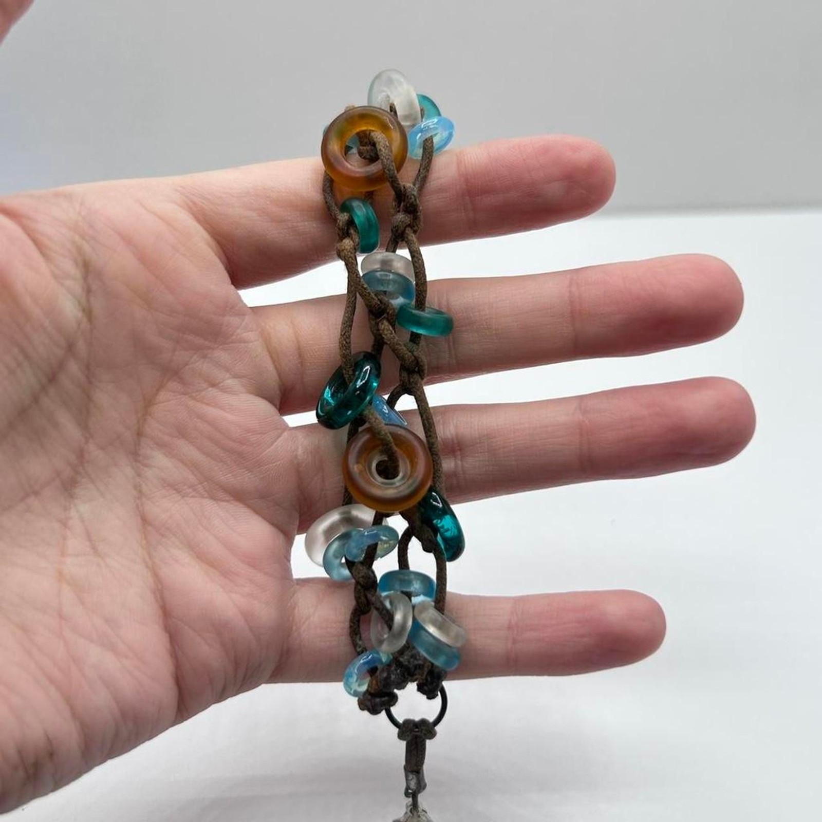 Boho Brown Cord Acrylic Ring Bracelet Blue Clear Amber Beaded Layered