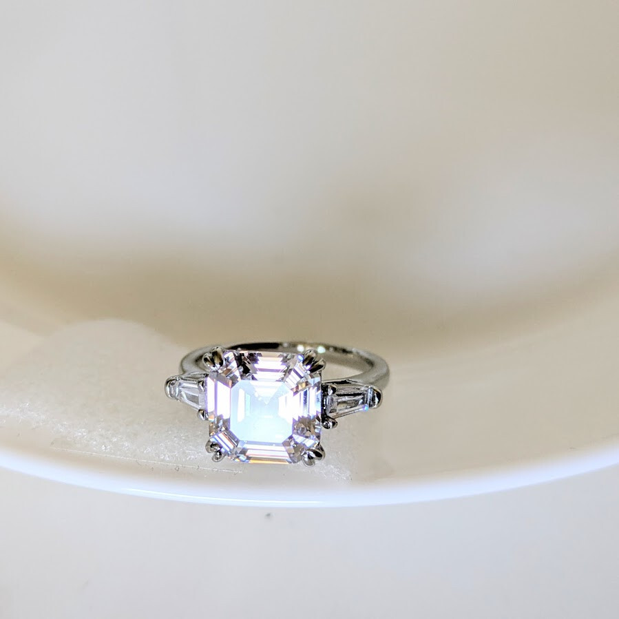 QVC Diamonique Epiphany Platinum Clad 3 Stone 3 Ct. Asscher Cut Ring -Size 9-NEW