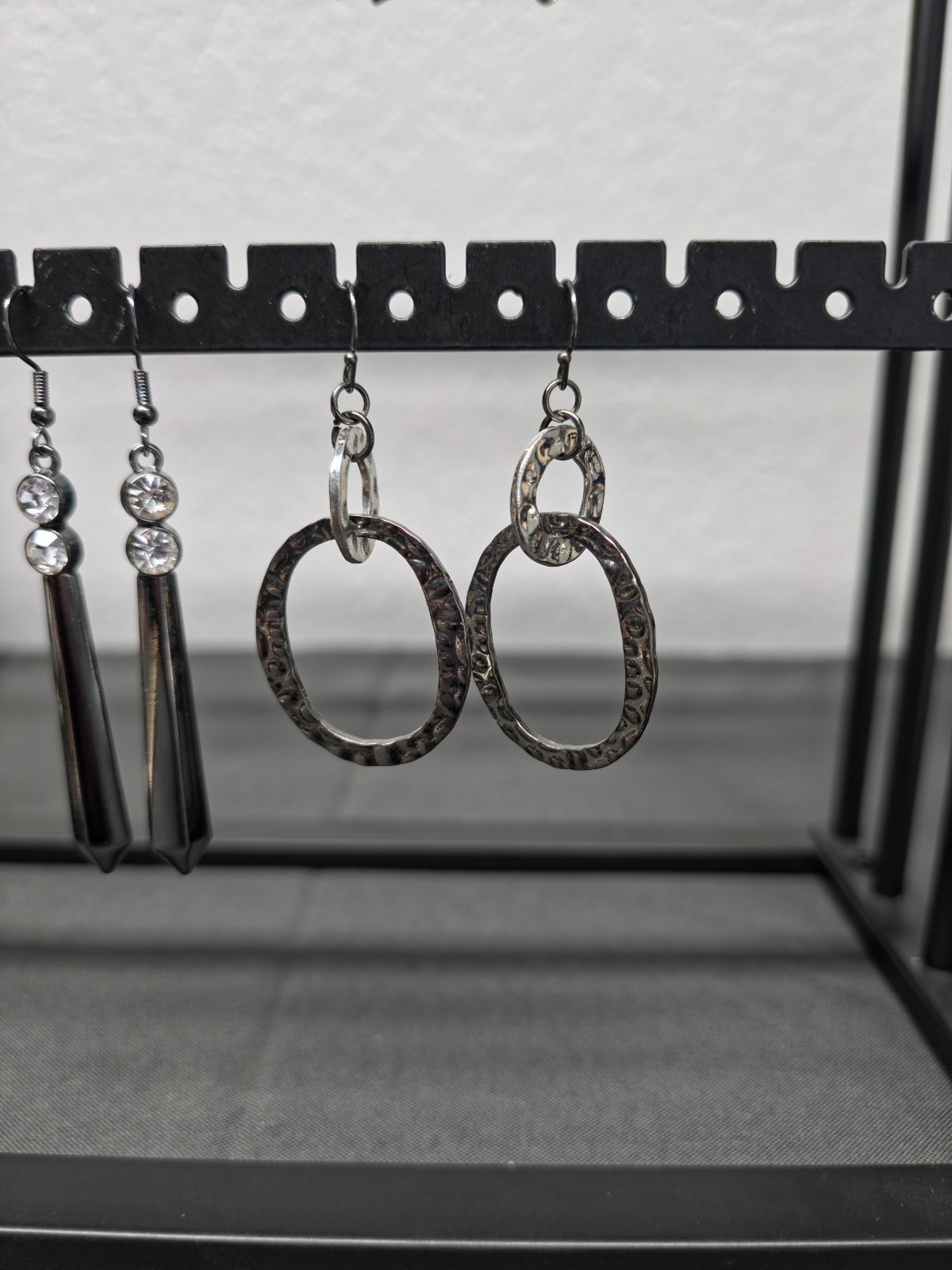Lot of 4 Gunmetal Black Tone Hoop Dangle Earrings Rhinestone Goth Grunge Punk