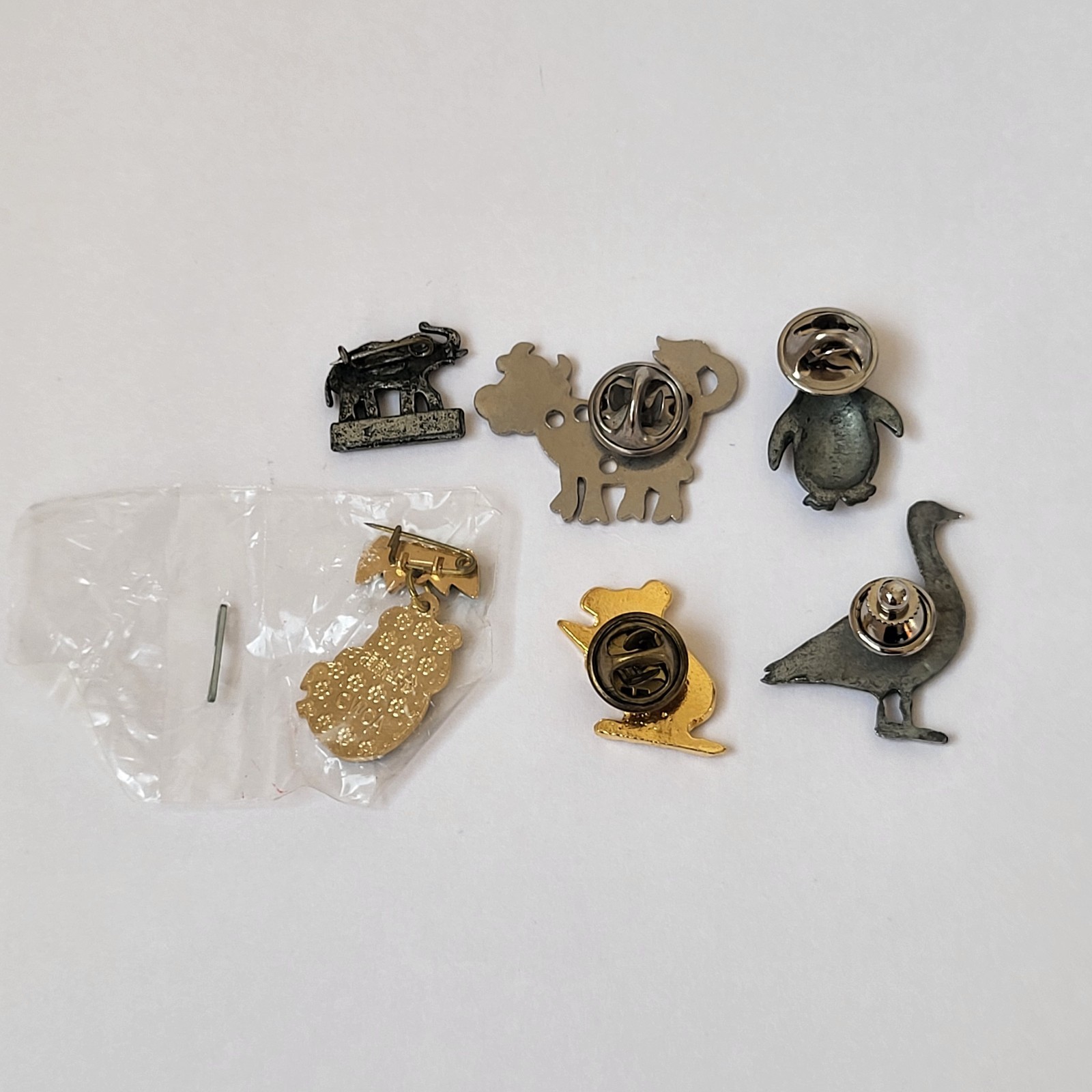 Mixed Animal Brooch Pin Lot (6) Metal Duck Cow Koala Penguin Panda Elephant Duck