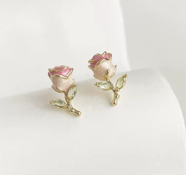 18K Gold Plated Rose Flower Stud Earrings Pink Enamel Floral CZ Earrings 391