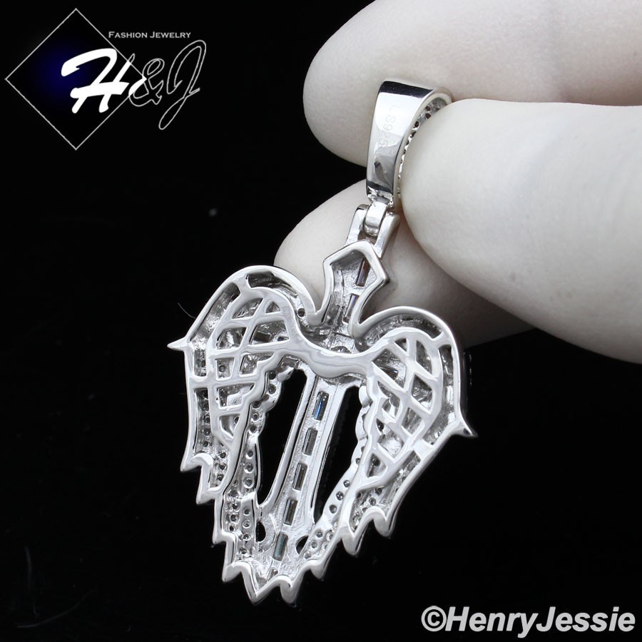 925 STERLING SILVER ICY BLING MOISSANITE 3D CROSS ANGEL WING PENDANT*MP536