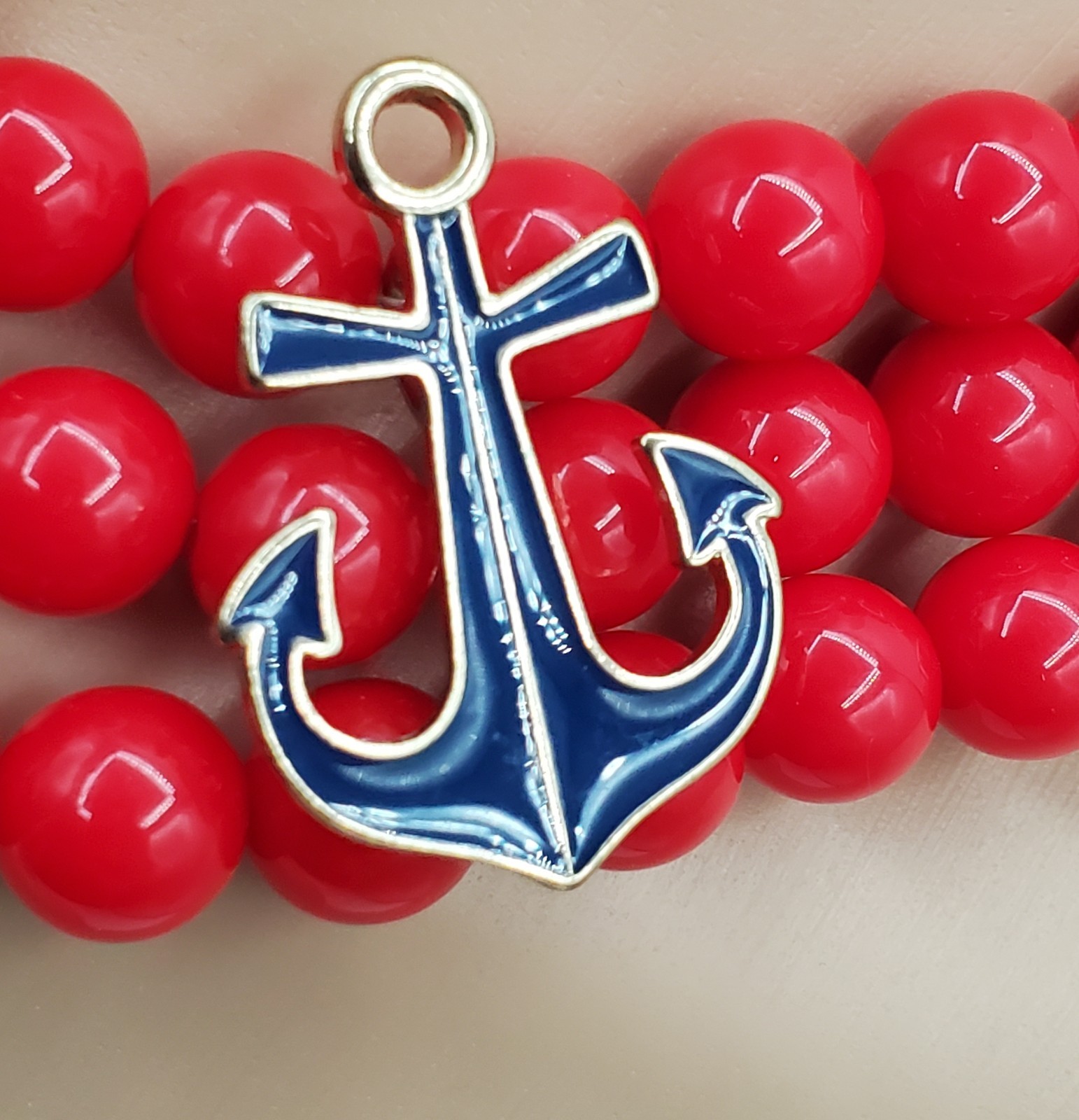 CC Nautical Set Necklace 19in Red Bead Triple Strand Blue Anchor 2 Sailboat Pins
