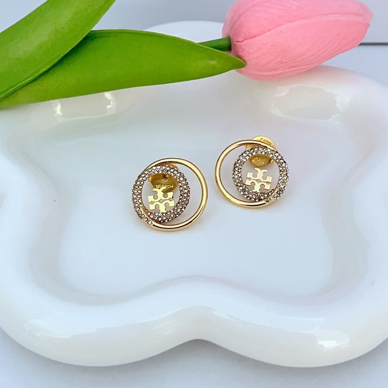 New Burch Golden Classic Double Circle Shining Earring Lady with Jewelry Pouch