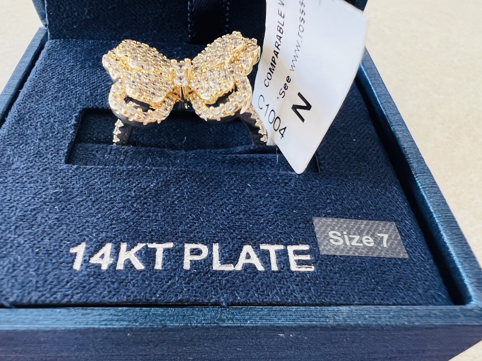 Oversized Butterfly Cocktail Ring Gold Tone Pave Crystal Rhinestone Size 7 Glam
