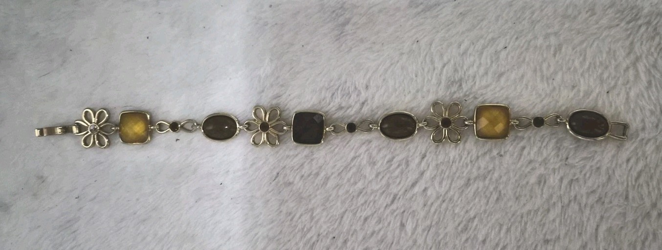 Earth Tone Fall colored Brown & Yellow Bracelet Gold Tone Flower Motifs 7”