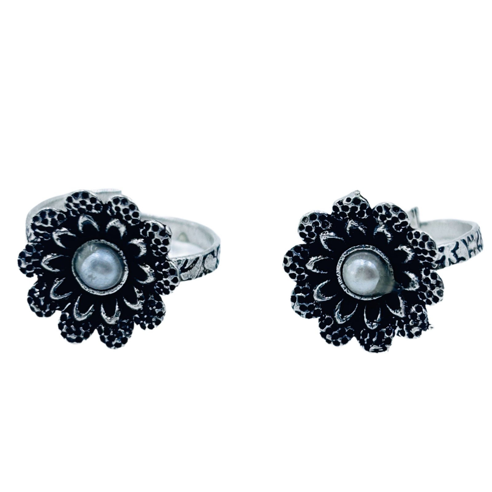 Silver Tone Floral Toe Rings Artificial Faux Pearl Adjustable Boho Vintage