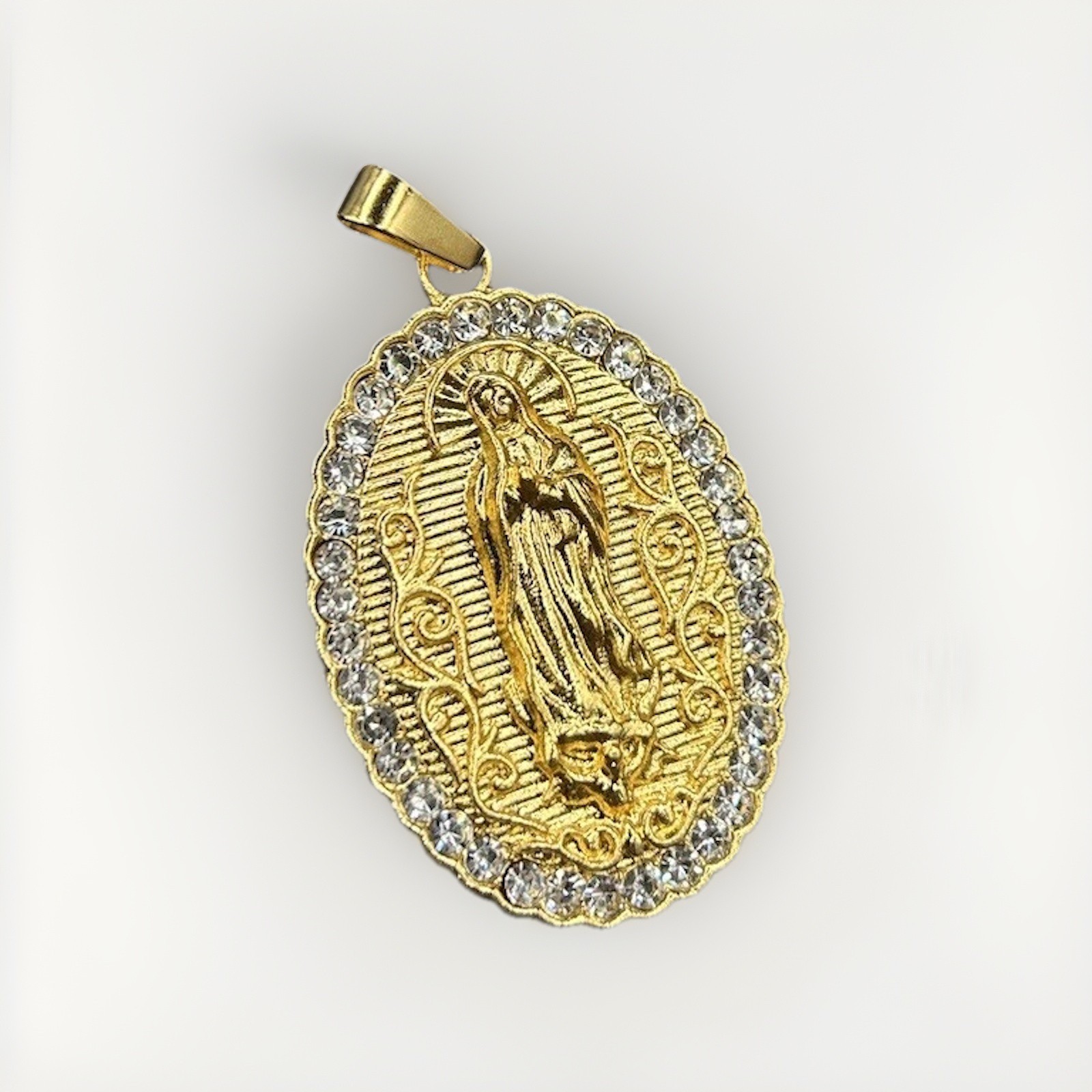 Iced Out Virgin Mary Pendant Gold Plated CZ Halo Religious Oval Charm Medallion