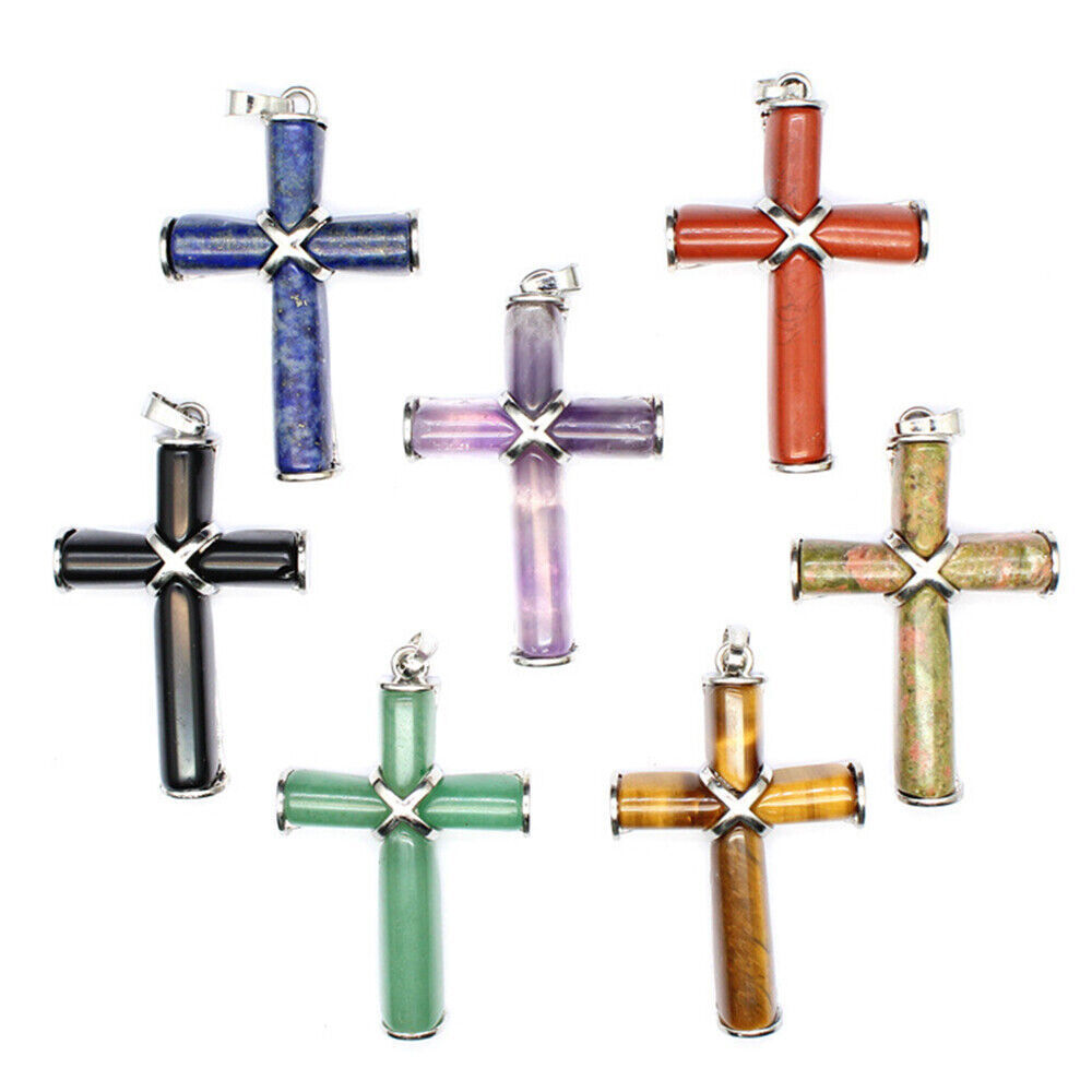 Natural Crystal Healing Gems Cross Pendant Necklace Chakra Amulet Energy Reiki