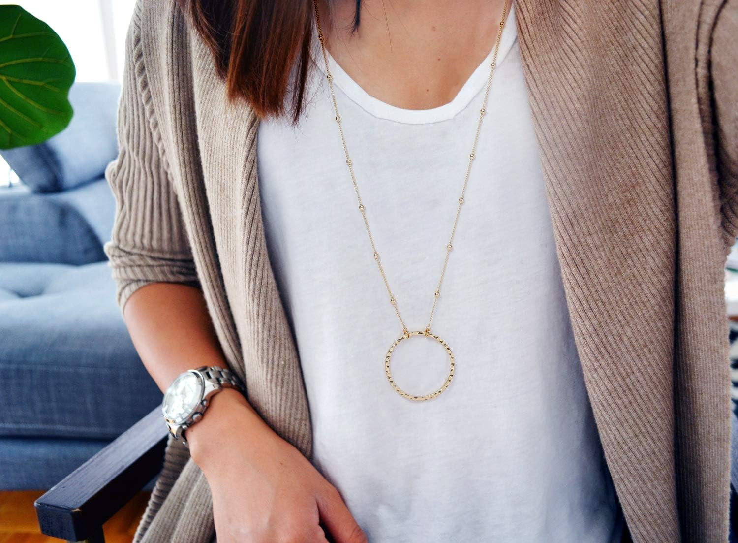 18K Gold Plated Circle Pendant Necklace Long Satellite Beaded Chain Jewelry for