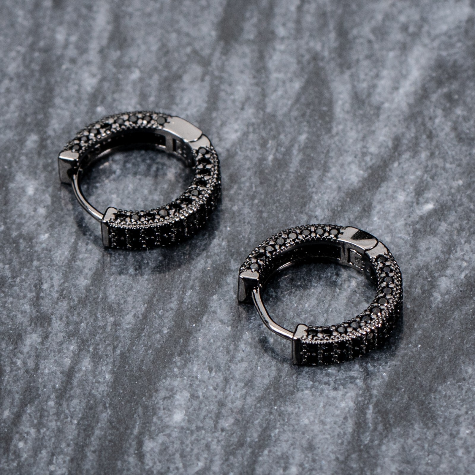 Mens Punk Rock Black Plated Iced Black Onyx Cz Huggie Hoop Earrings