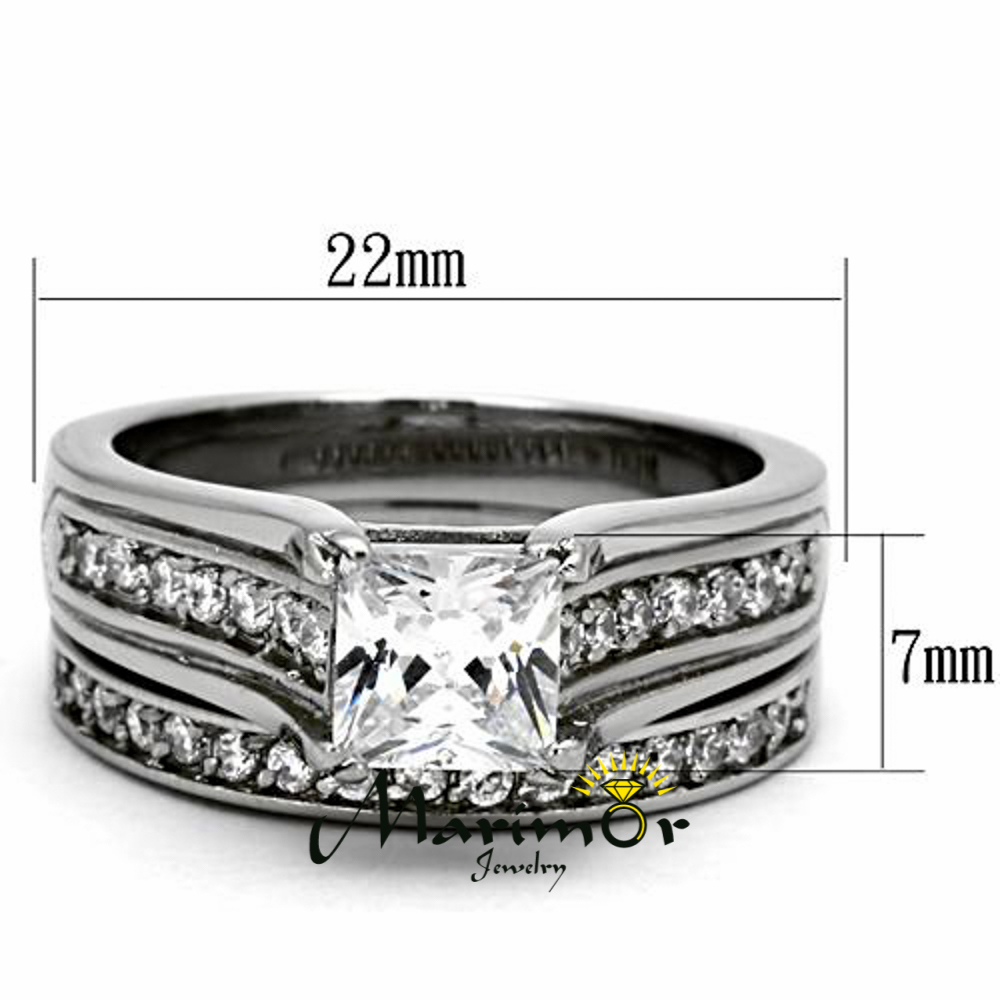 Princess Cut Zirconia Stainless Steel 316 Wedding Ring Band Set Women’s Sz 5-11