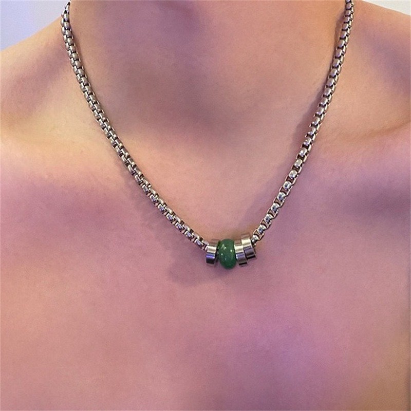 Silver 316 Stainless Steel Box Chain60cm Necklace Green Jade Bead Unisex Jewelry