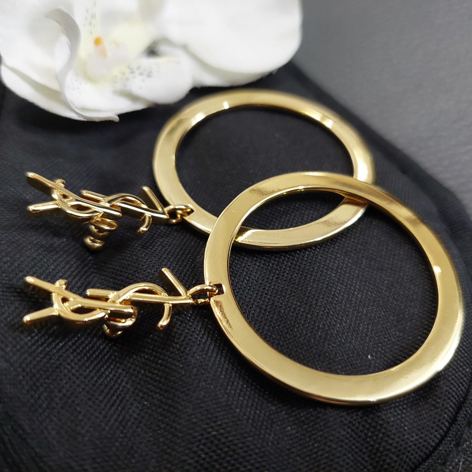 Auth. YVES SAINT LAURENT YSL LOGO Large Dangle HOOP EARRINGS Gold Tone