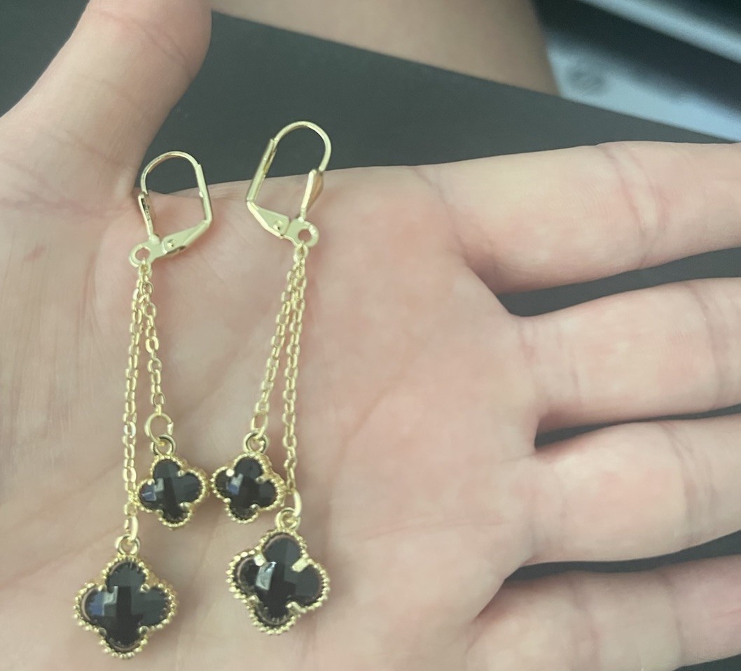 Gold Tone Black Clover Dangle Drop Hook Earrings Metal No Stone