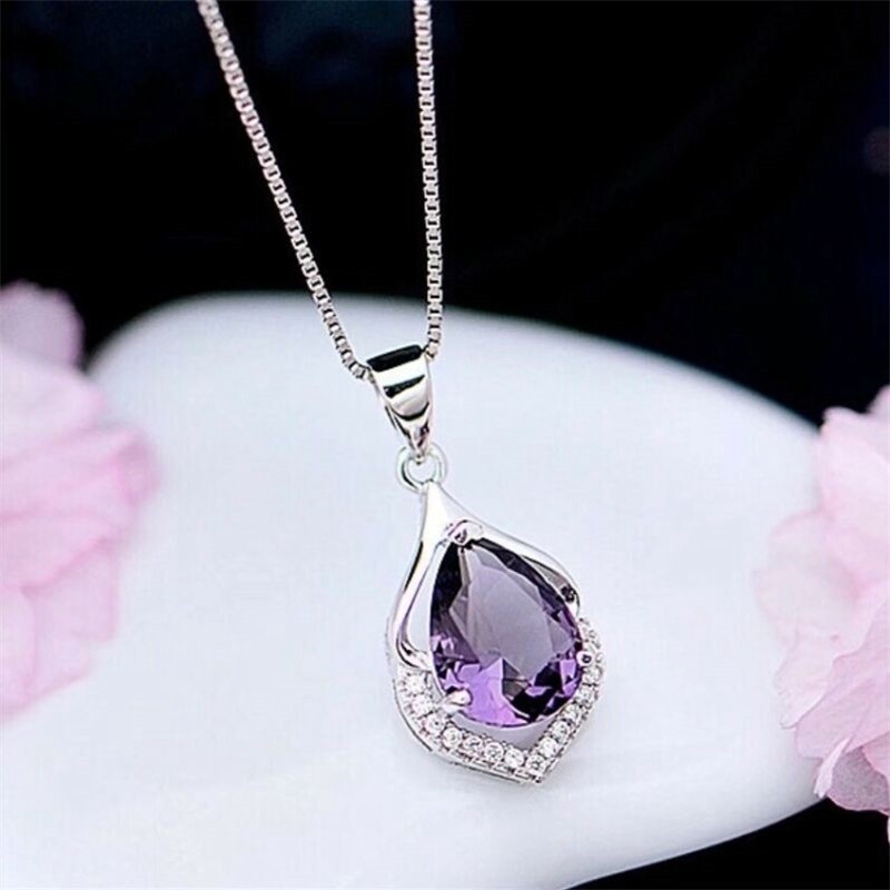 Women’s Amethyst Necklace Elegant Crystal Chain Pendant Jewellery Silver