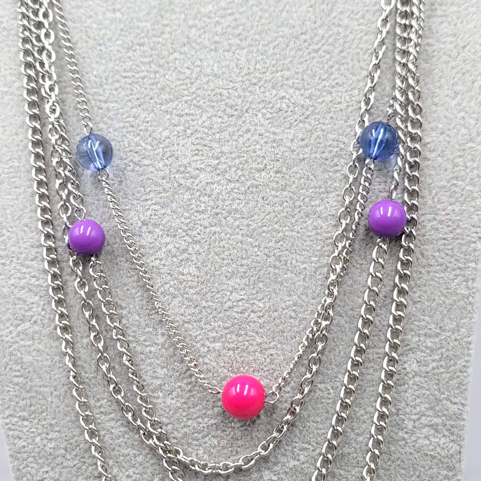 Purple Pink Blue Bead Layered Necklace Silver tone 30 in Long