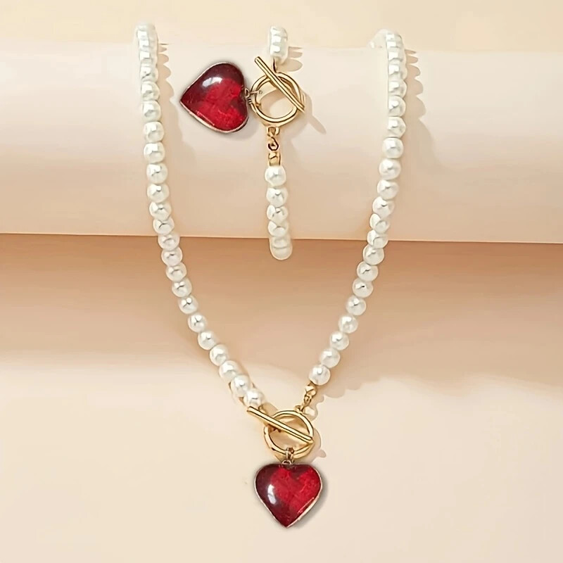 Red Heart Pendant Faux Pearl Necklace and Bracelet Jewelry Set