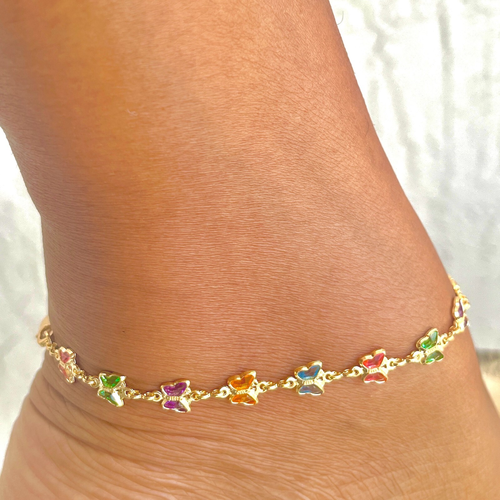 Genuine 18k Gold Filled Multicolor Butterfly Anklet for women-10″ size 7mm