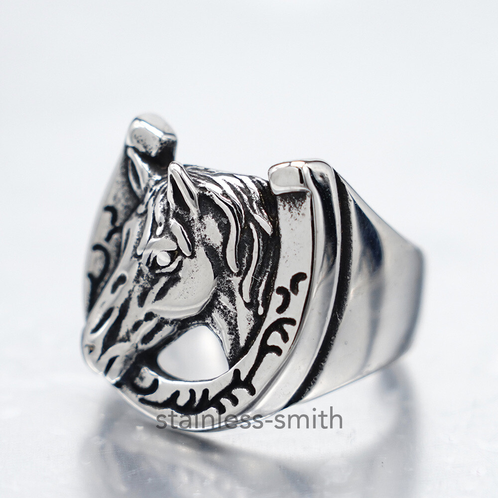 Mens Womens Stainless Steel Wild Horse Head Shoe Horseshoe Ring Size 6 7 8 9-15