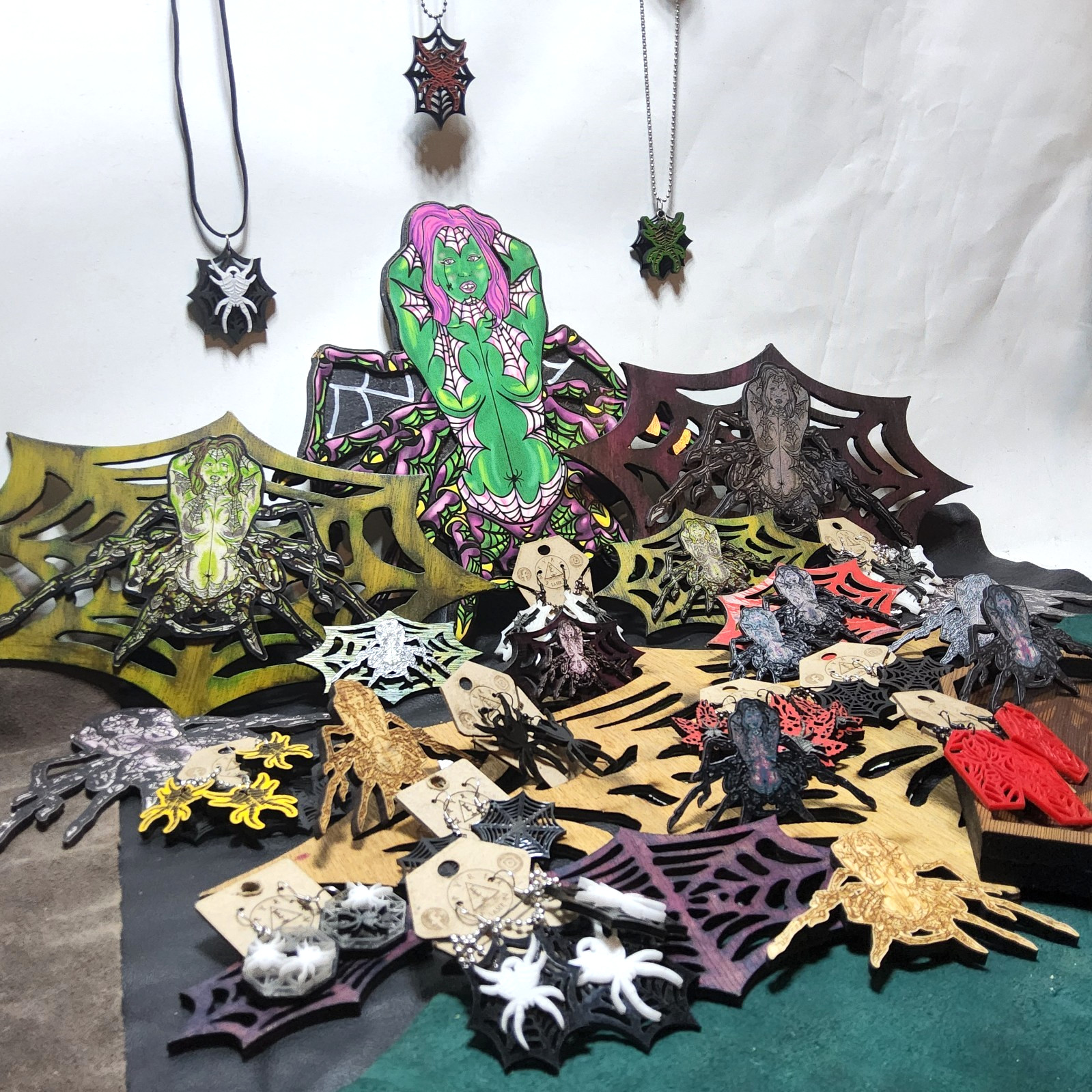spiders webs earrings laser cut necklace set goth horror style art decor punk