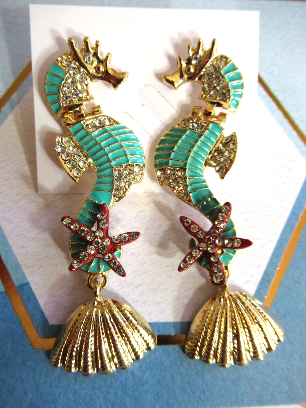 Dangling Multicolor Seahorse Starfish Shells Green Seahorse Crystal Earrings NWT