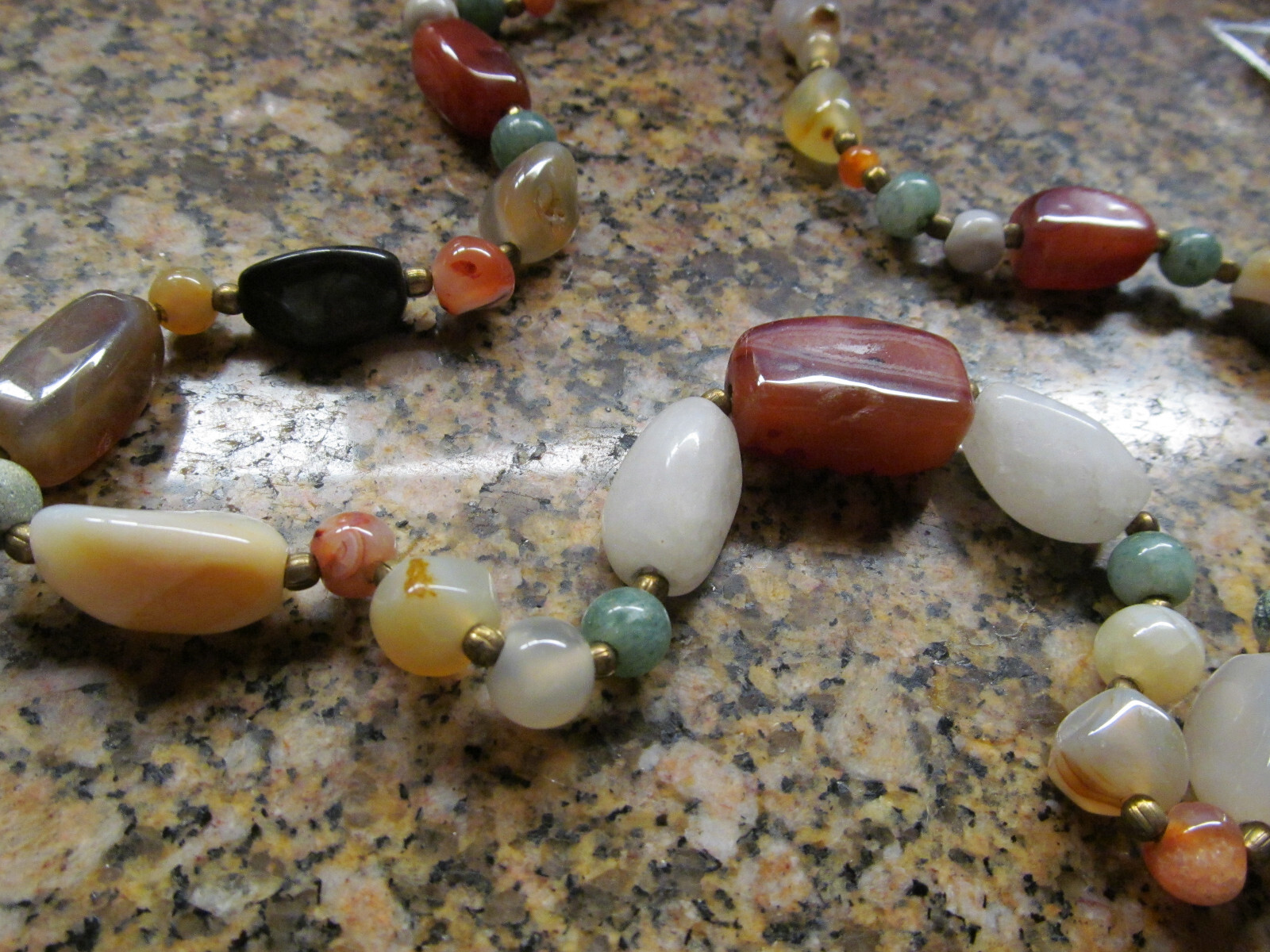 *Mixed Polished Stone Necklace Artisan BLACK, white, green, orange, pink, 20″
