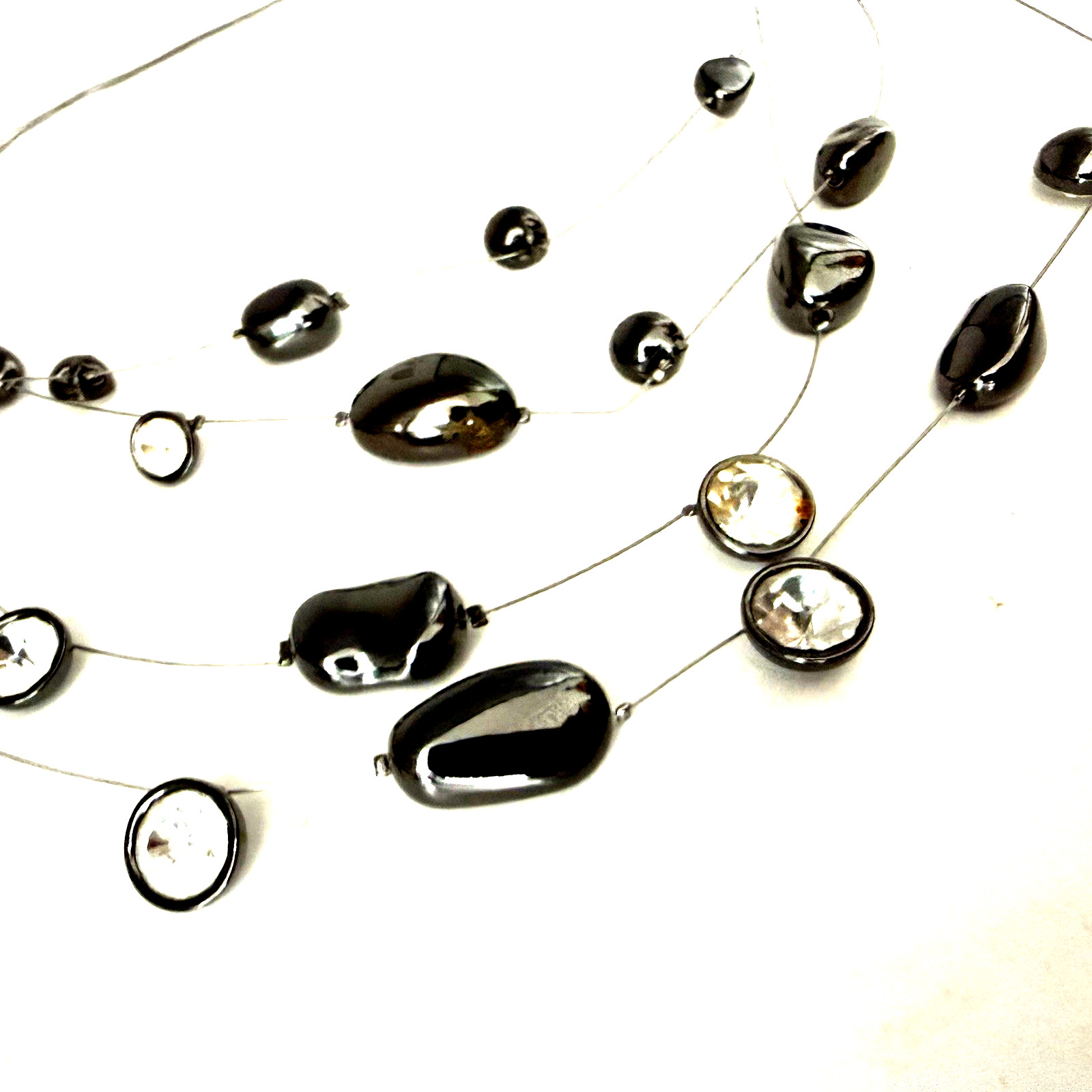 Chico’s Gunmetal Silver Tone 21″ Short Beaded Crystal Floating/Illusion Necklace