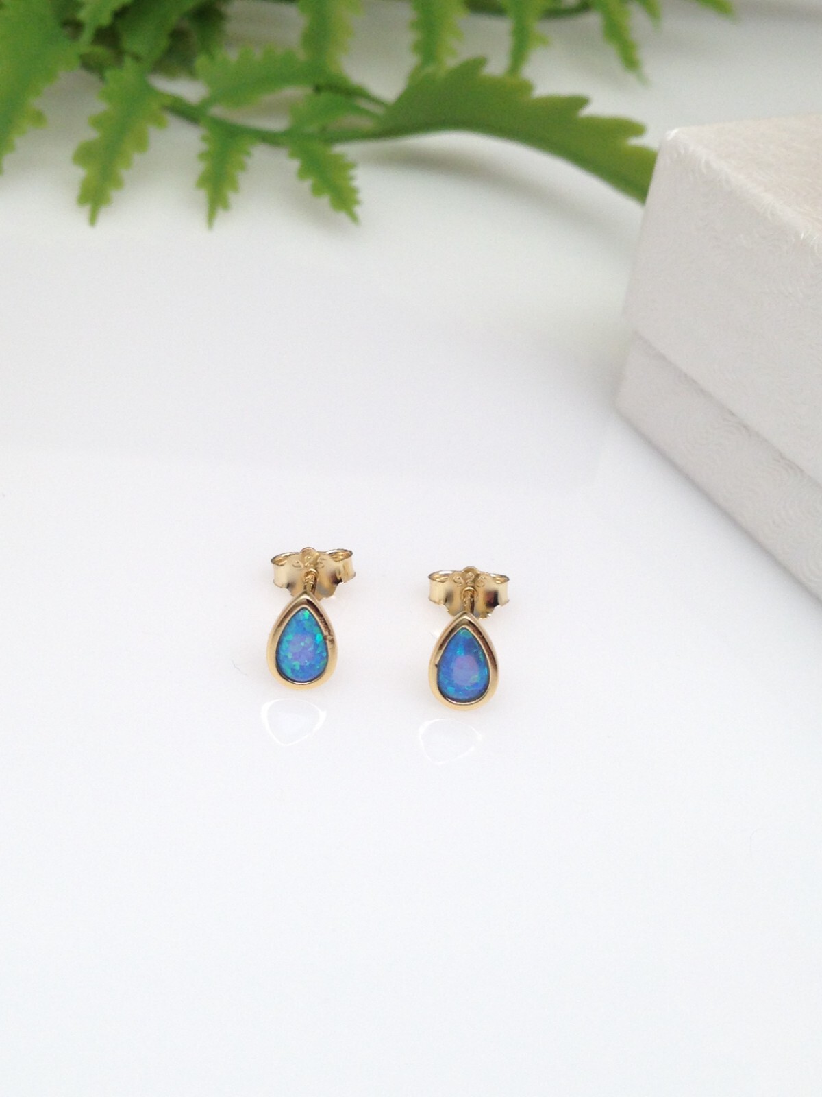 Blue Opal Teardrop Stud Earrings Sterling Silver 925 Dainty Studs Gold 5.9mm