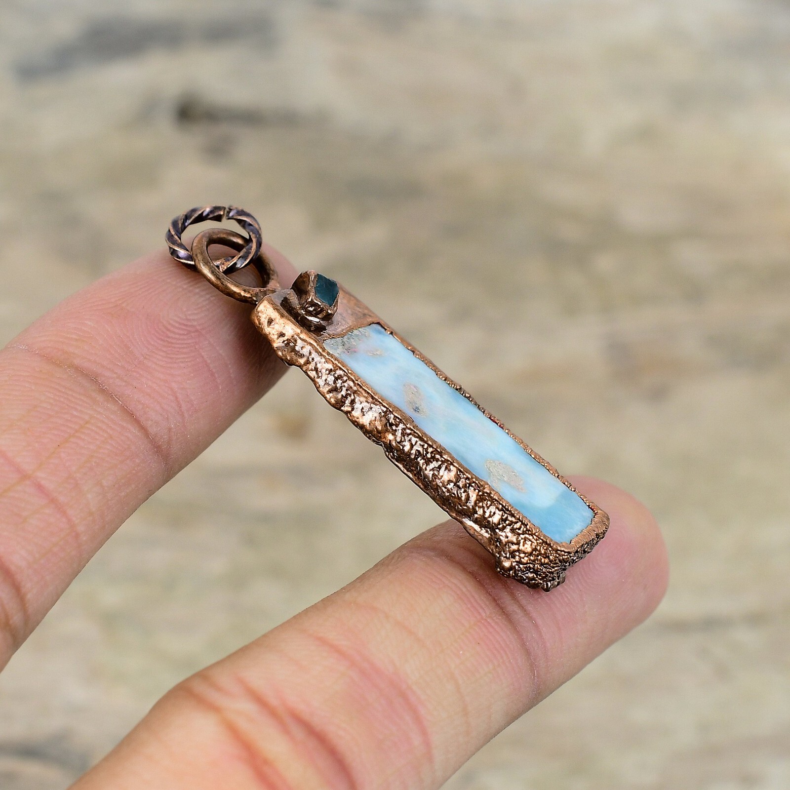 Copper Larimar Stone Blue Chalcedony Rough Sister Electroformed Pendant Jewelry